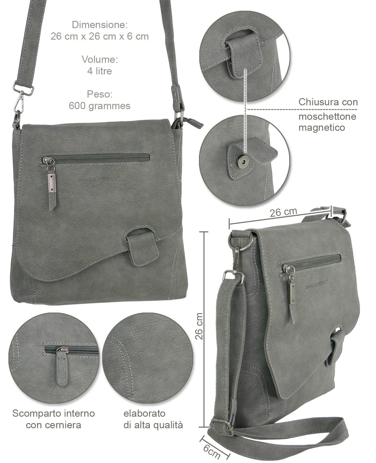 BAG STREET - Borsa da donna con chiusura a magnete e zip, borsa a tracolla