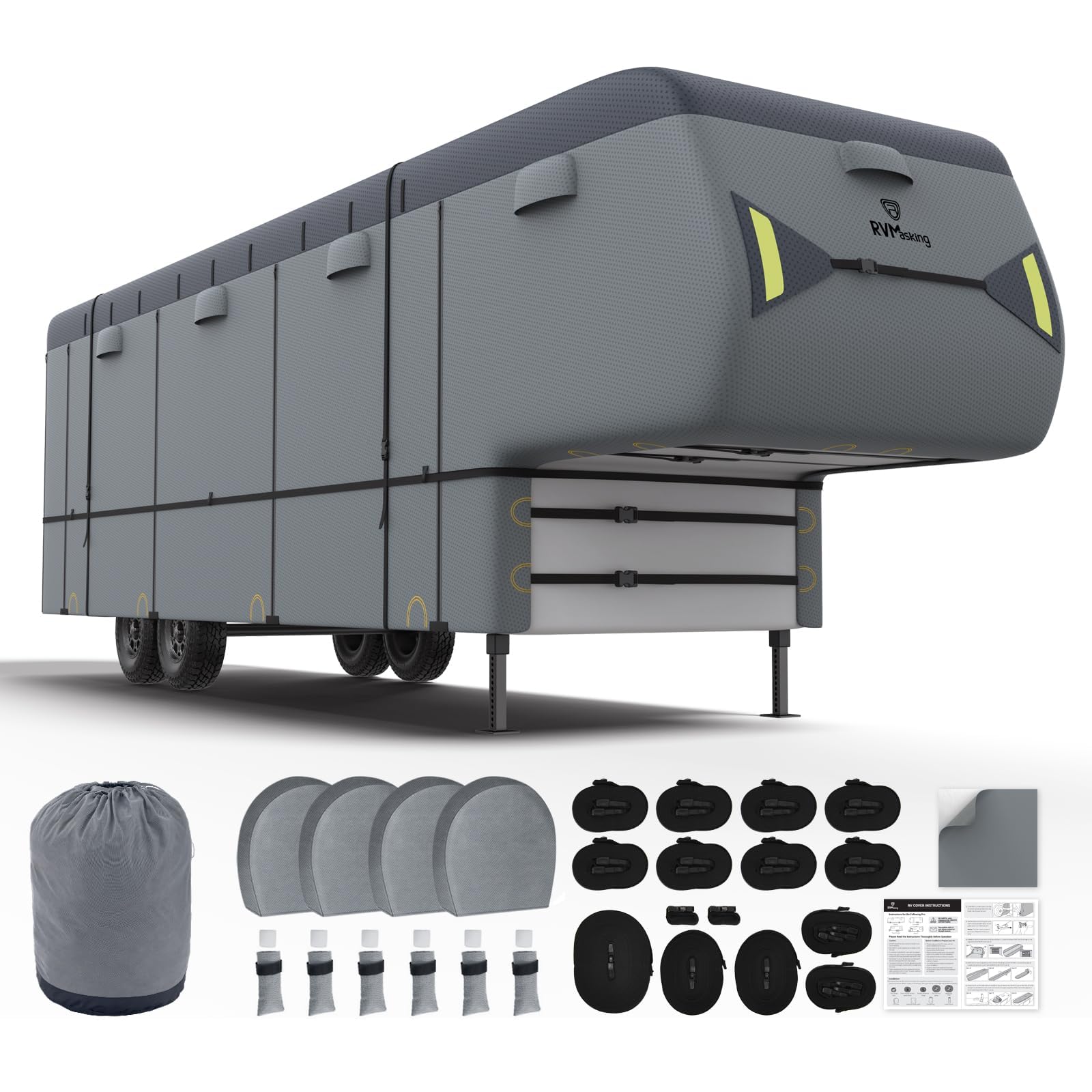RVMasking 5th Wheel RV Cover, 9 Layers Waterproof Top(31'1"-34', Dark Gray) | Heavy Duty, Windproof, 4 Tire Covers, Rip-Stop, Anti-UV, Fit for Fifth Wheel
