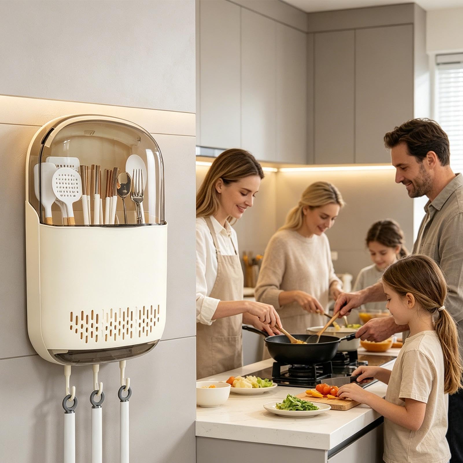 Soporte de pared para utensilios de cocina, no requiere taladrar, contenedor de almacenamiento moderno, estante para cubiertos cubierto, organizador de cocina colgante compacto