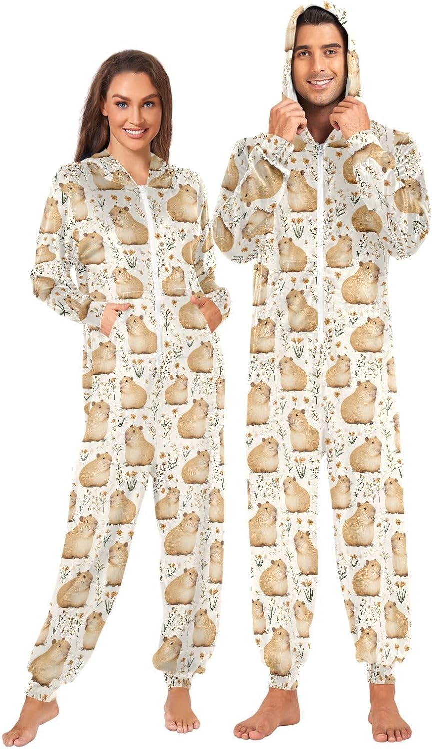 Brown Capybaras Floral Zipper Hooded Adult Jumpsuit Pajamas with Pockets XS-3XL