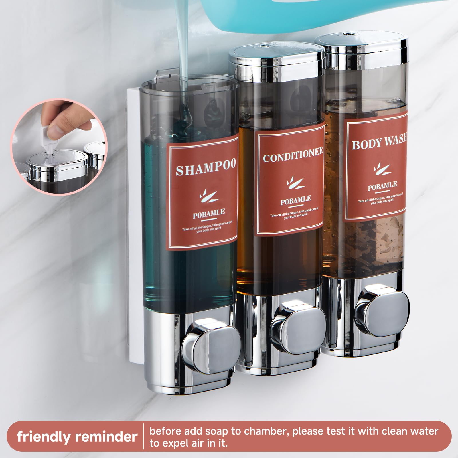 Shampoo and Conditioner Dispenser Wall Mounted Shower Soap Dispenser No Drill Shampoo Dispenser for Shower 3 Chamber Bathroom Body Wash Shower Gel Holder Chrome - Image 3