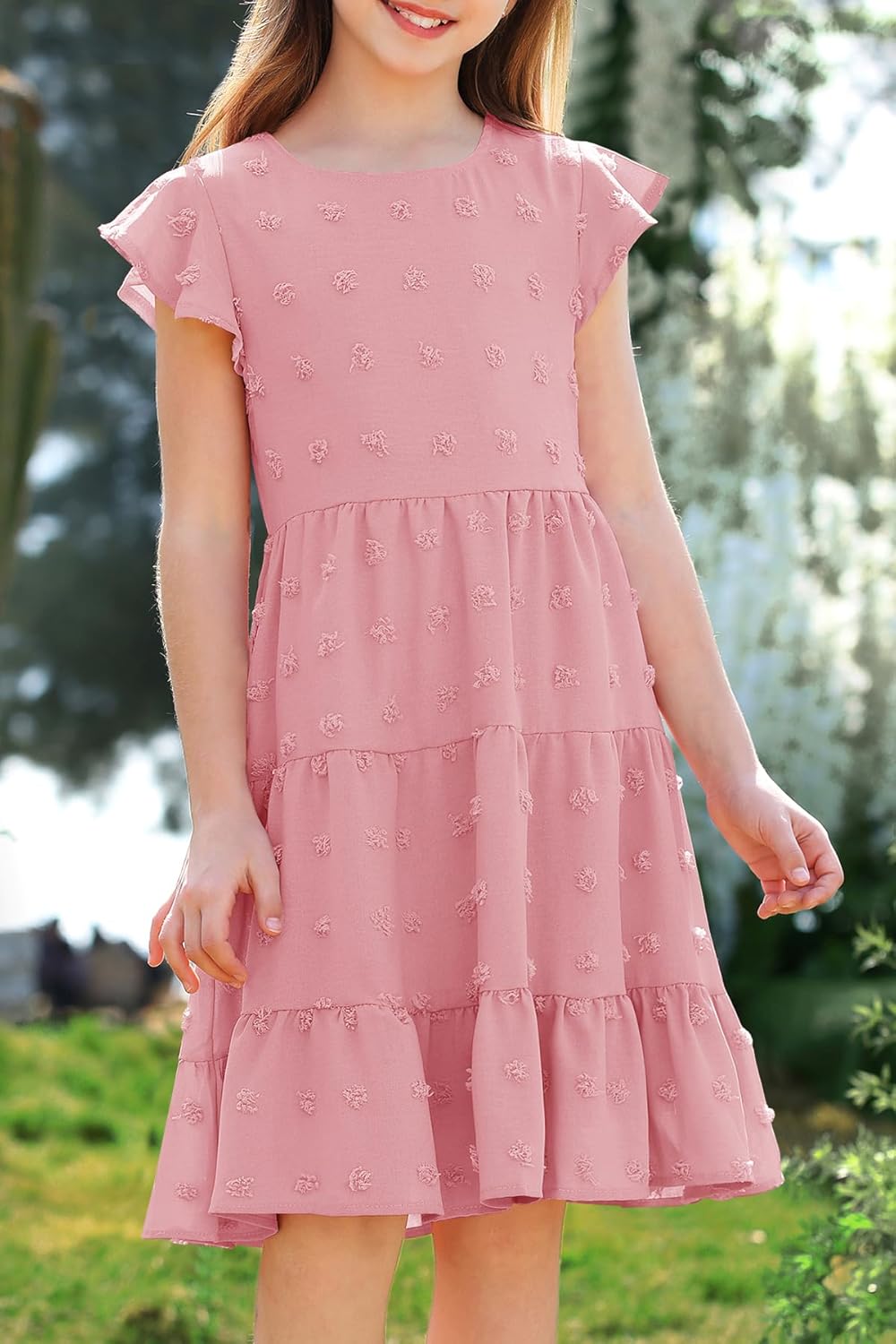 HOSIKA Girls Summer Cute Swiss Dot Flutter Sleeve Boho A Line Swing Tiered Casual Holiday Dress for 6-12 Years - Image 4