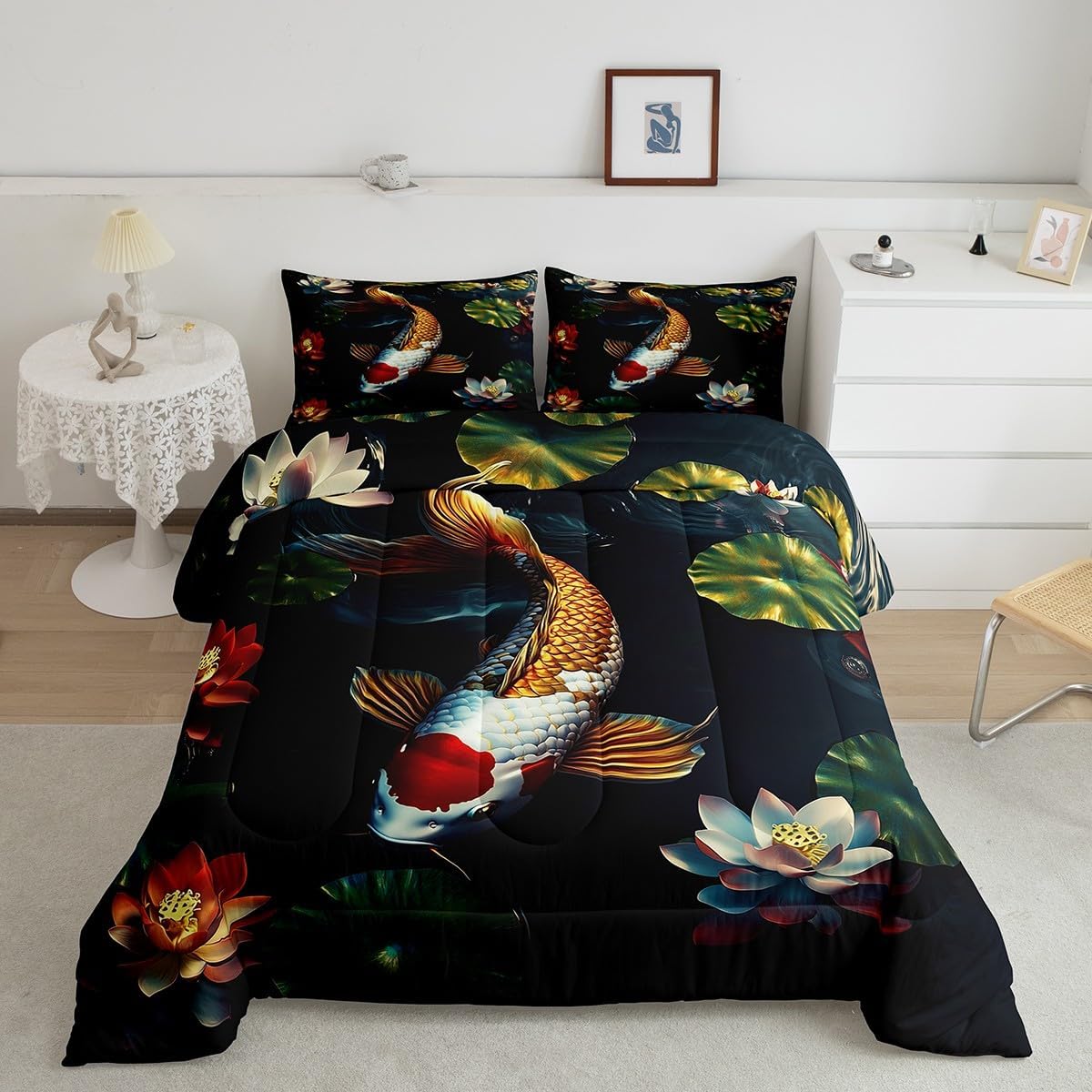 Manfei Japanese Koi Fish Queen Bedding Set for Kids Adults,Gold Red Carp Comforter Set Bed Set,Boys Girls Japanese Style 3 Pieces Quilt Set,Farmhouse Style Duvet Insert,2 Pillow Cases