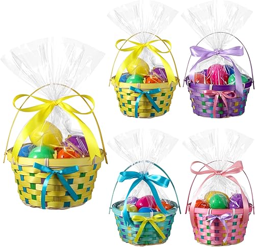 Los juegos de cestas de Pascua incluyen cesta de bambú tejida de Pascua con asa, triturado de hierba, huevos de Pascua rellenos de plástico con