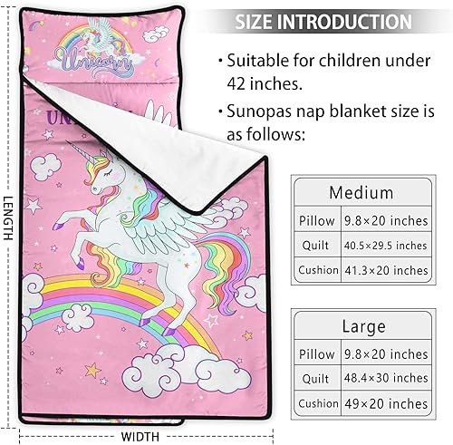 Miniatura 3 de Alfombrillas de siesta de unicornio para niños pequeños, con almohada extraíble para niños y niñas, saco de dormir preescolar, 50 x 20 pulgadas,