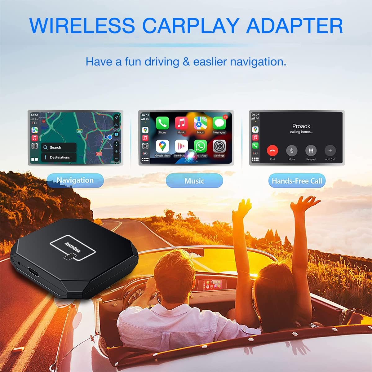 Wireless CarPlay features including navigation, music, and hands-free calls