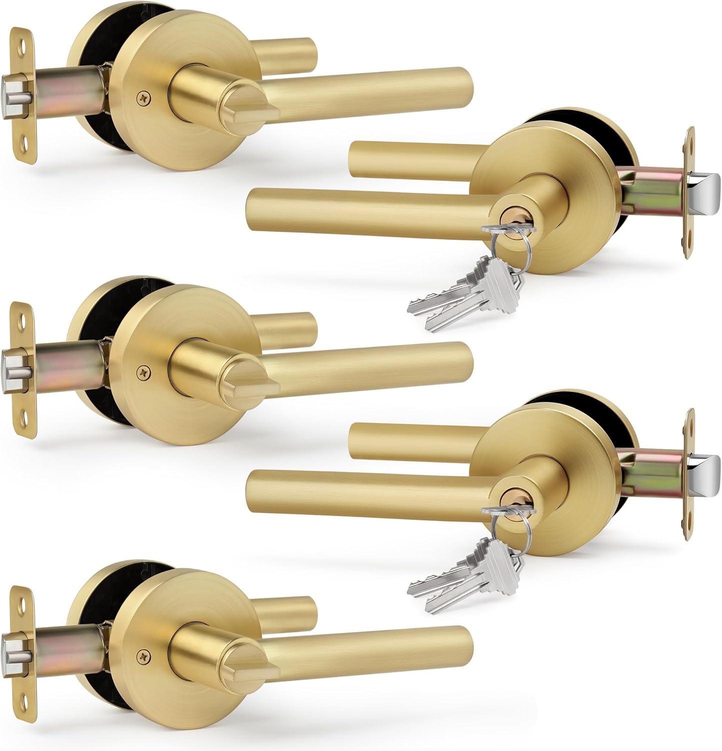 Moquin Gold Door Handle with Lock and Key (Keyed Alike), Heavy Duty Keyed Entry Brushed Gold Door Handles for Bedroom or Front Door, Satin Brass, 5 Pack