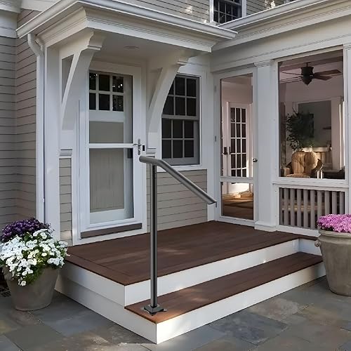 Miniatura 8 de SPACEEUP Pasamanos de escalera para exteriores, pasamanos de 1 a 3 escalones, barandilla de acero negro tipo redondo para escaleras, barandillas