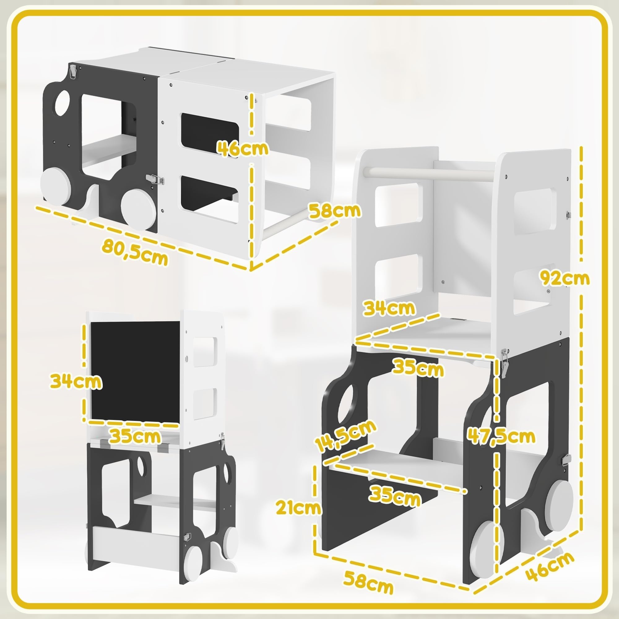 AIYAPLAY Scala Montessori 4 in 1 Pieghevole per Bambini 3-6 Anni con 2 Lavagne e Set Tavolo e Sedia, Torre Montessoriana a Forma di Auto in MDF e Legno di Pino, 58x46x92 cm, Bianco