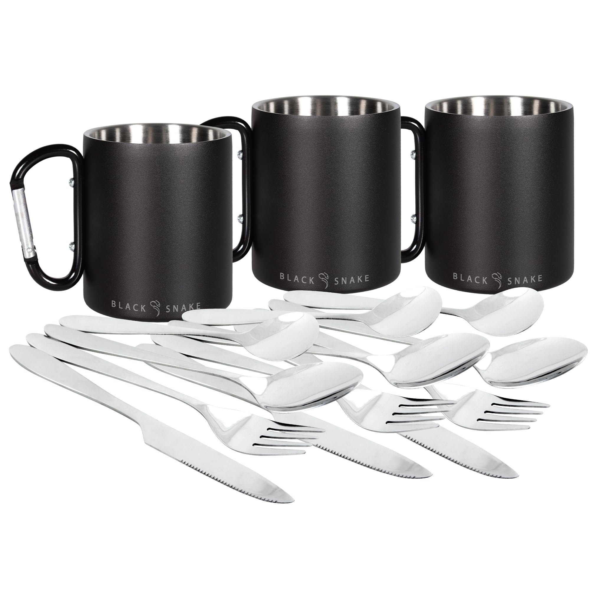Black Snake® Edelstahl Karabiner Haken Thermo Tasse mit 'Lunch' Camping Essbesteck