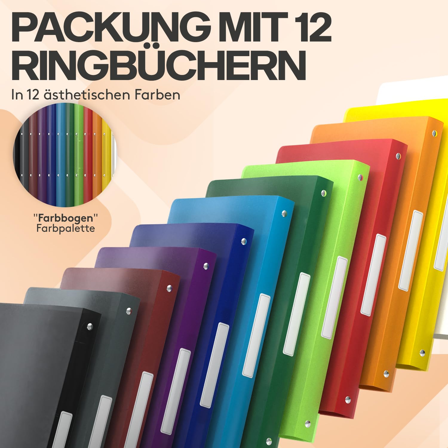 ACROPAQ - 12 x Ringbuch A4 | 4 Ringen | Mit Rückenetiketten, Rückenbreite 2,5 cm, Farbbogen, Natur Farbkollektion - Ringhefter, Ringordner, Ordner A4 Schmal, Ringmappe A4, Schulordner