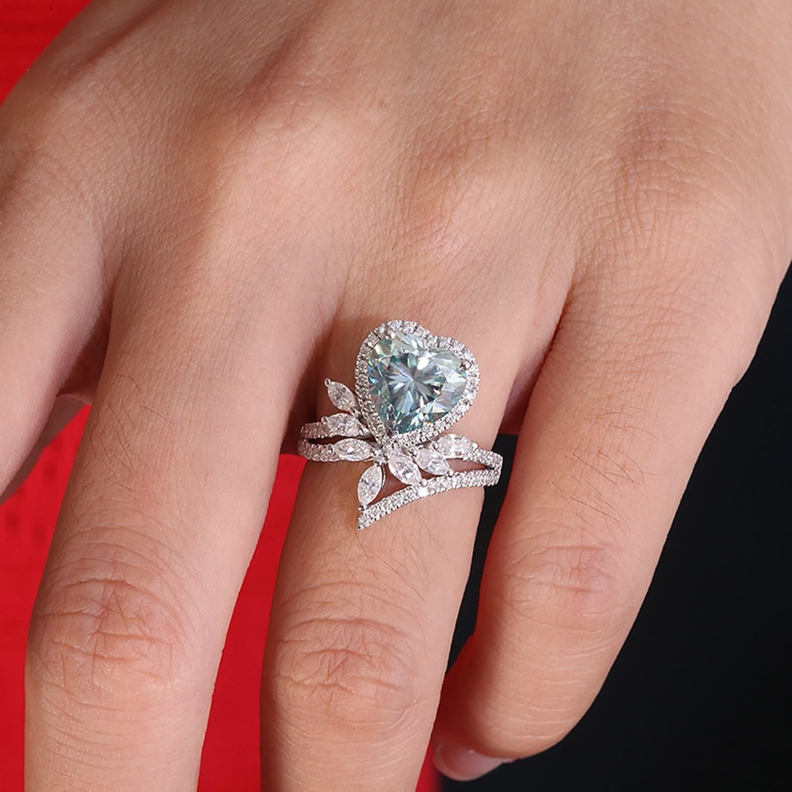 Anillo de compromiso de oro blanco de 14 quilates, anillos para mujer con corazón de flores
