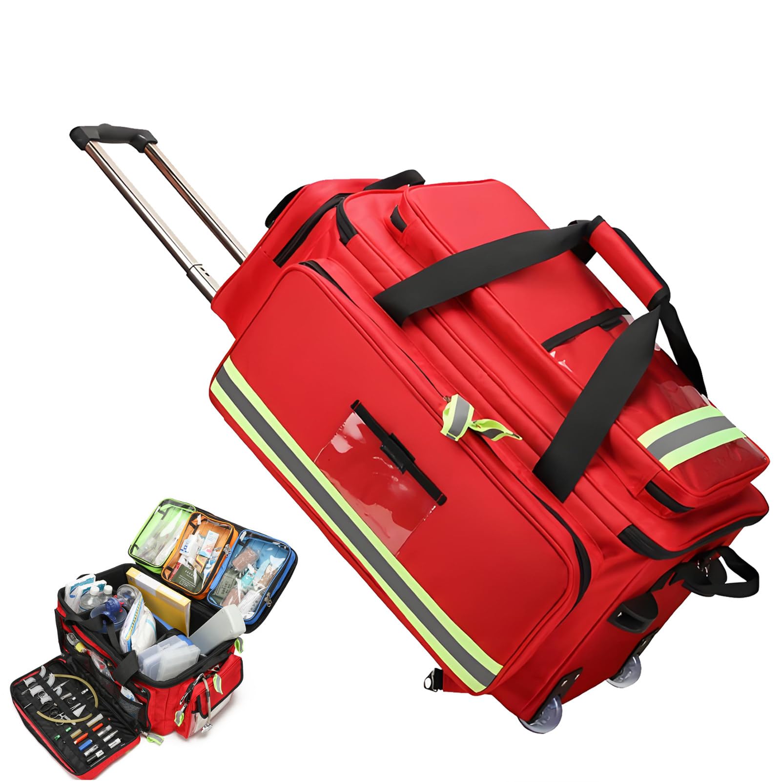 Ofyphth First Responder Bag with Wheels, Nurse Rolling Bag Emergency, Portable Storage Bag Tote(Empty), with Reflective, for EMS,Police,Firefighters,Home Health Nurses,Doctors. Red