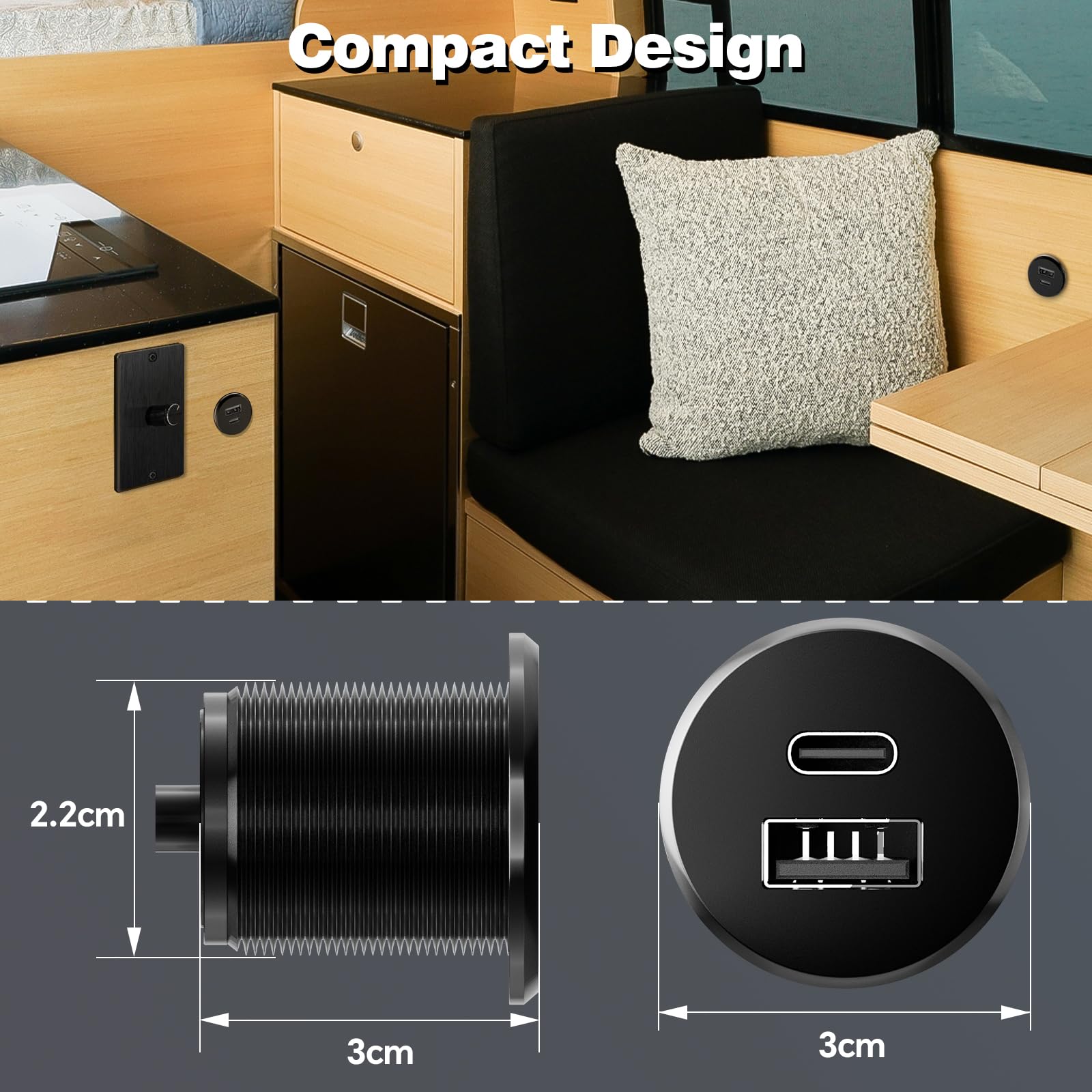 acegoo USB C Steckdose 12V Wohnmobil Ladegerät Vollaluminium, Typ C USB Anschluss PD3.0 QC3.0 KFZ Buchse Dose Einbau Adapter für Camper Auto Boot LKW Wohnwagen (kleines Panel*2)
