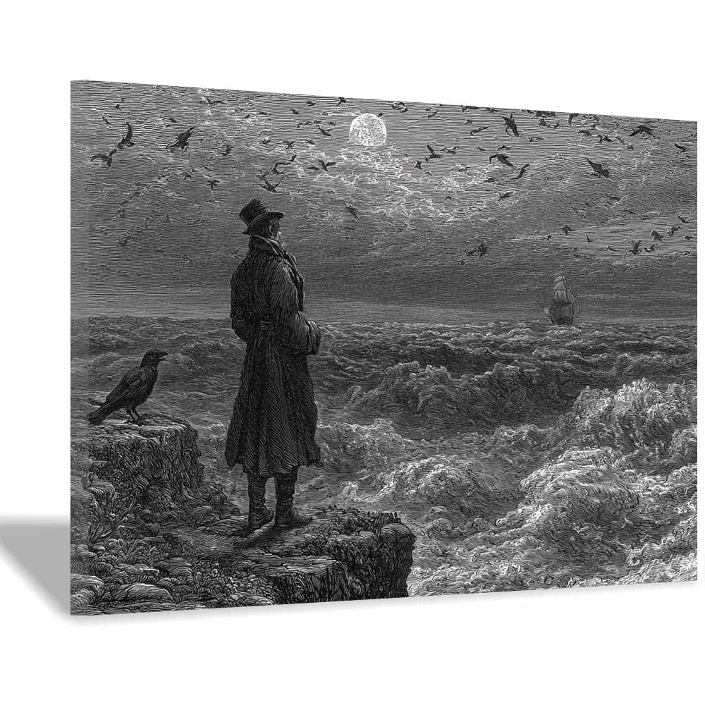 XENIOU Black White Canvas Print Cliff Man Moon Seabirds prints for walls, canvas wall art for Living Room Bedroom Bathroom Home Office Wall Decoration(Multicolor)-70x100cm Framed