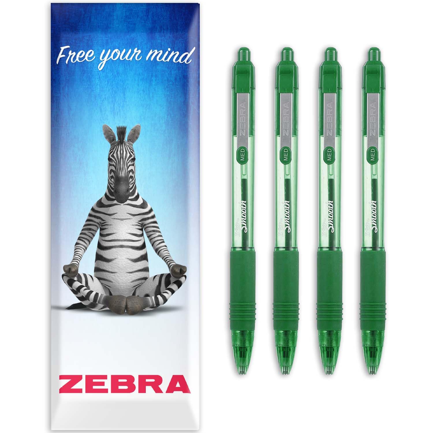 Zebra Z-Grip Smooth Ink Retractable Ballpoint Pen - 1.0mm Nib - Pack of 4 Pens - In Envelope Gift Packaging (Green)