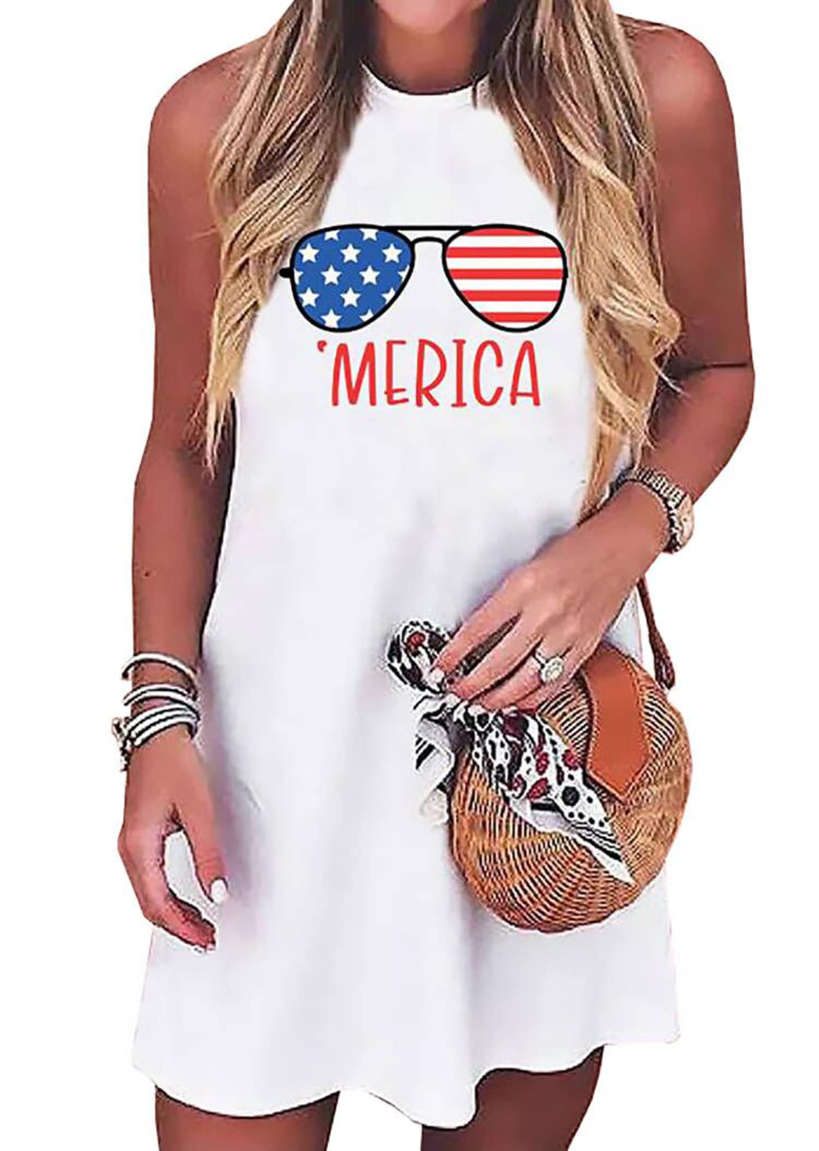 American Flag Tank Dress for Women 4th of July Patriotic Graphic Sleeveless Mini Dress Casual Vacation Short Dresses