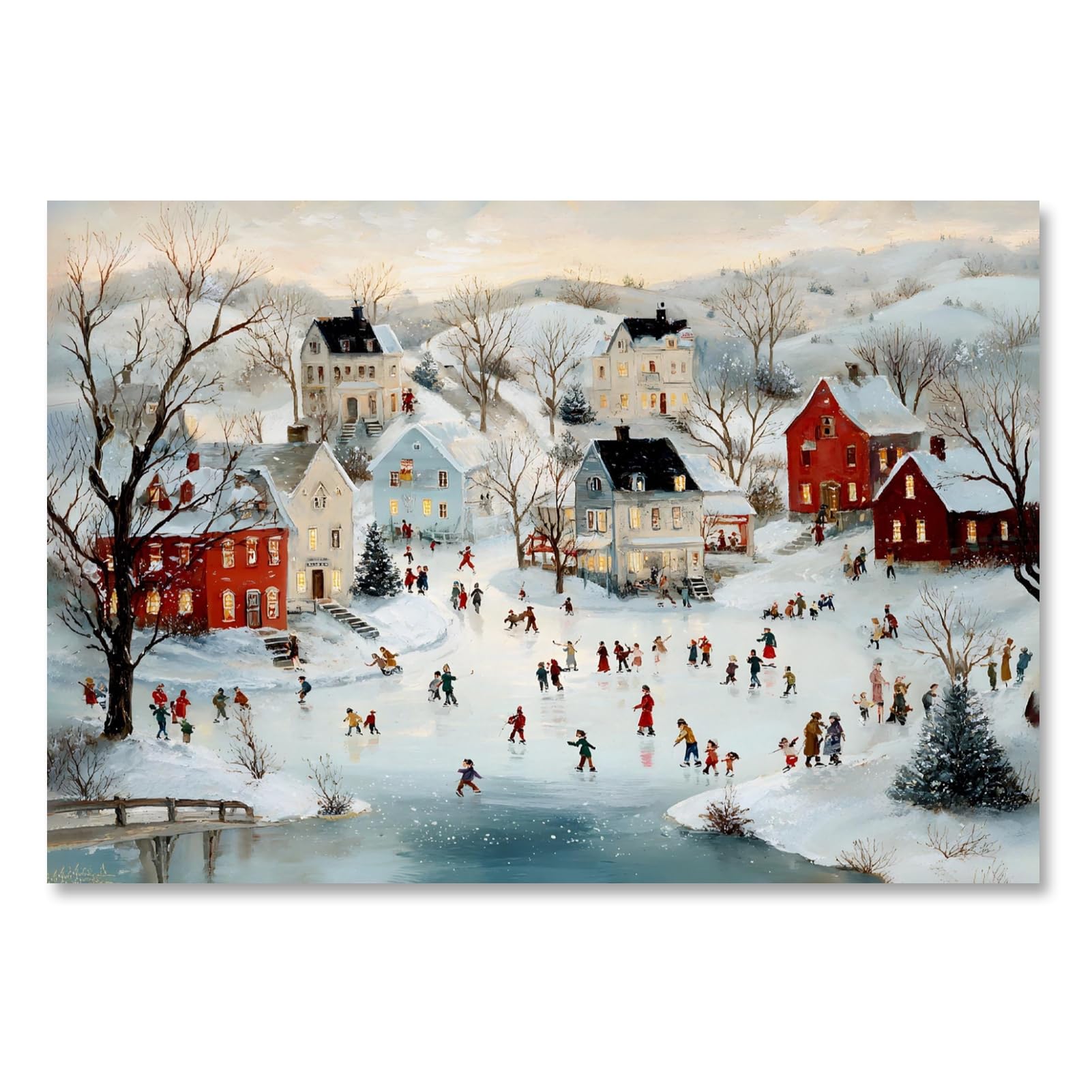 Yermidi Christmas Village Wall Art Snowy Winter Town Poster Abstract Holiday Snow Landscape Canvas Painting Vintage Christmas Ice Skating Print Picture Festive Decor for Living Room 8x10inch Unframed