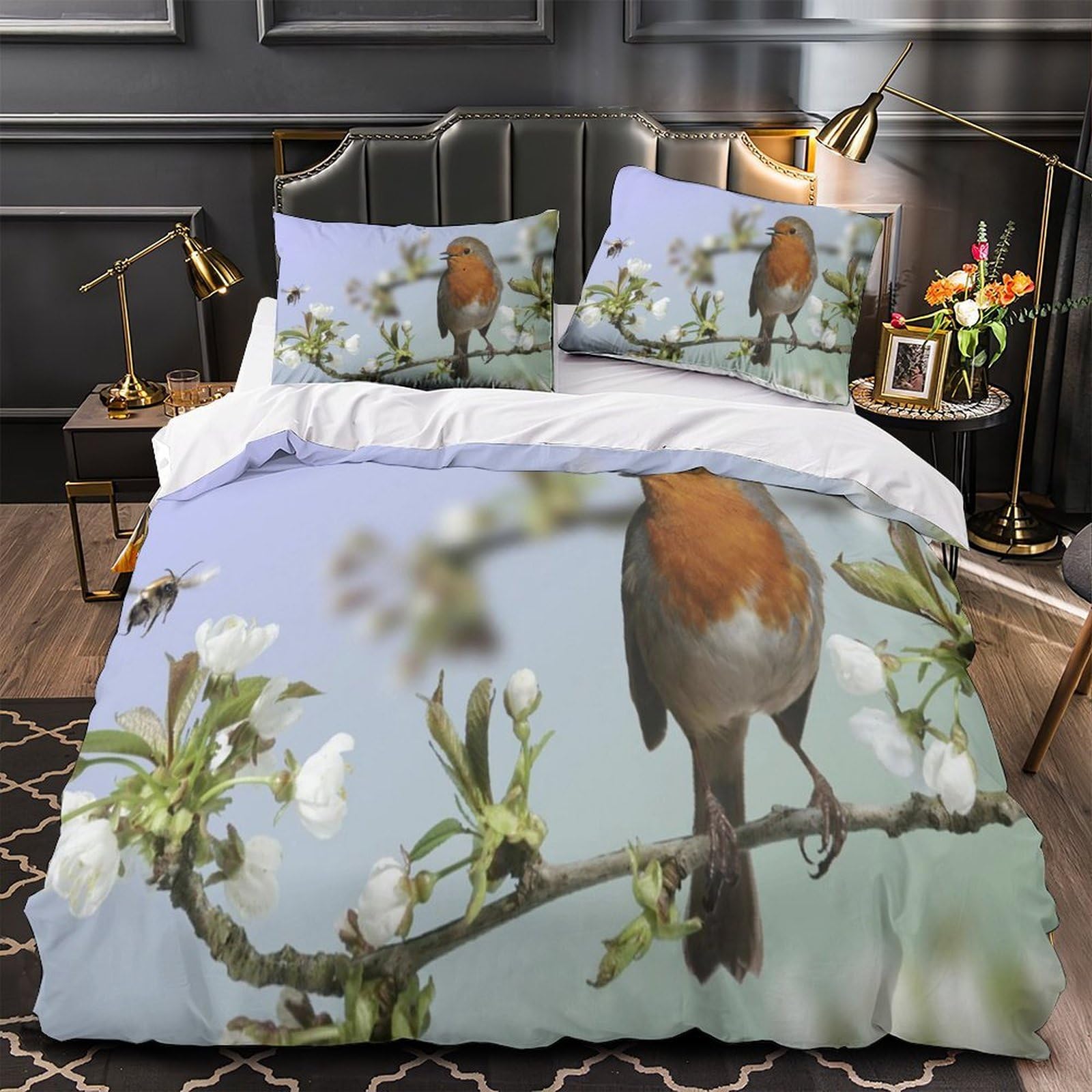 Housse de couette 140x200 microfibre parure lit simple adulte oiseaux 3D