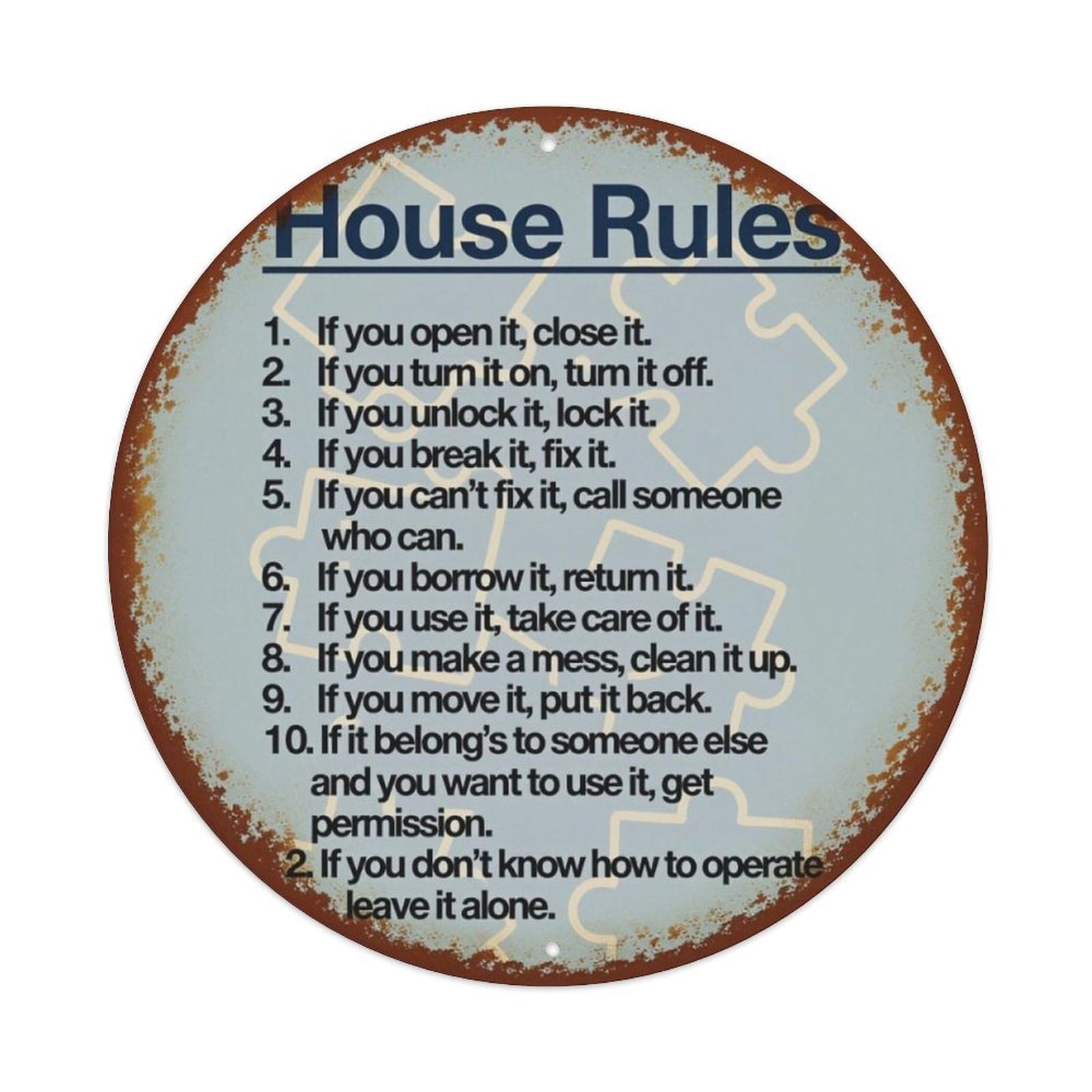 Vintage House Rules Round Metal Sign Vintage Aluminium Metal Sign, Retro Wall Decor for Home, Bar, Garage & Farmhouse 20x20cm