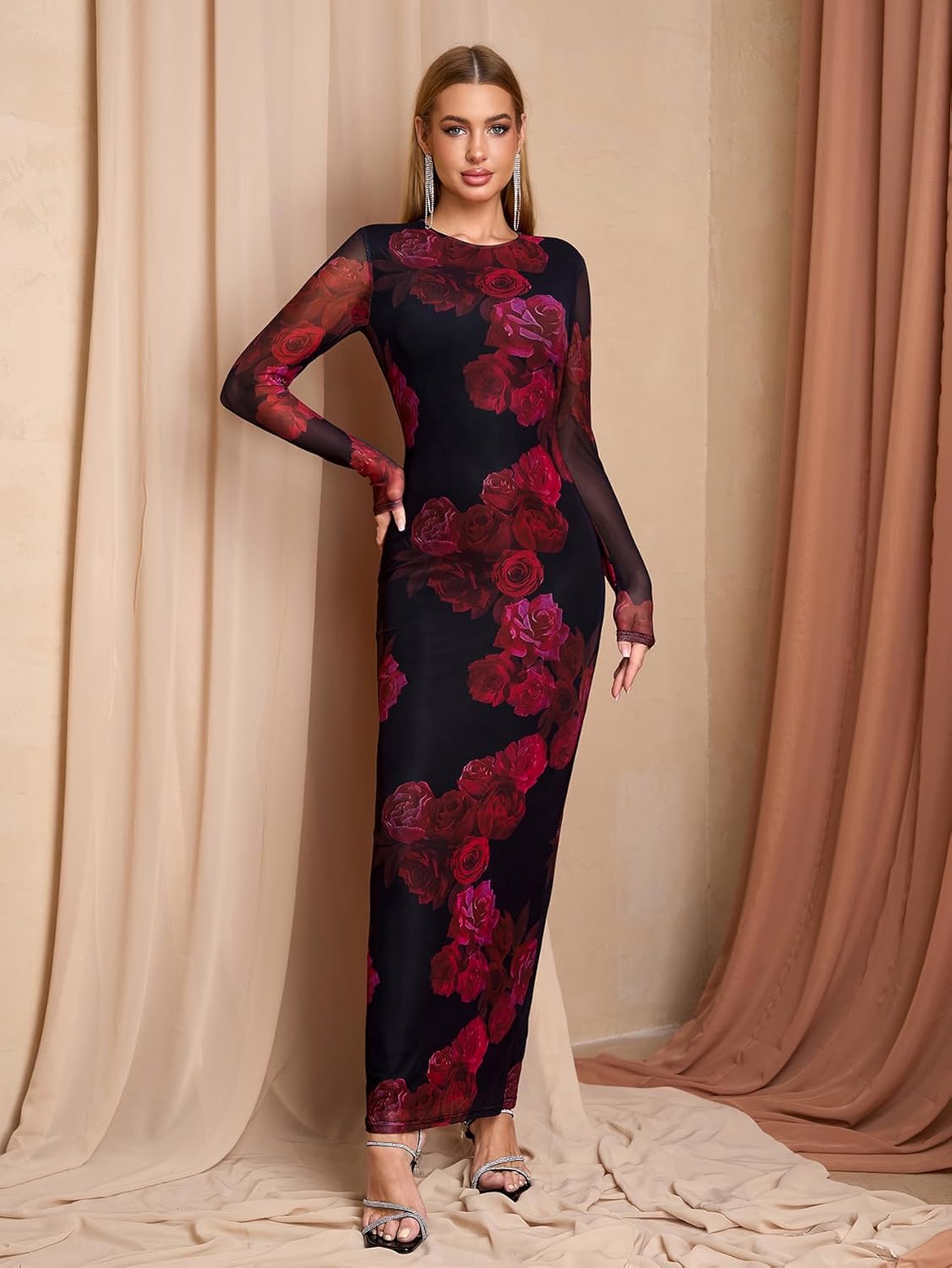 KUTUMAI Women Long Sleeve Floral Bodycon Maxi Dress 2025 Fall Elegant Mesh Formal Wedding Guest Cocktail Dresses - Image 2