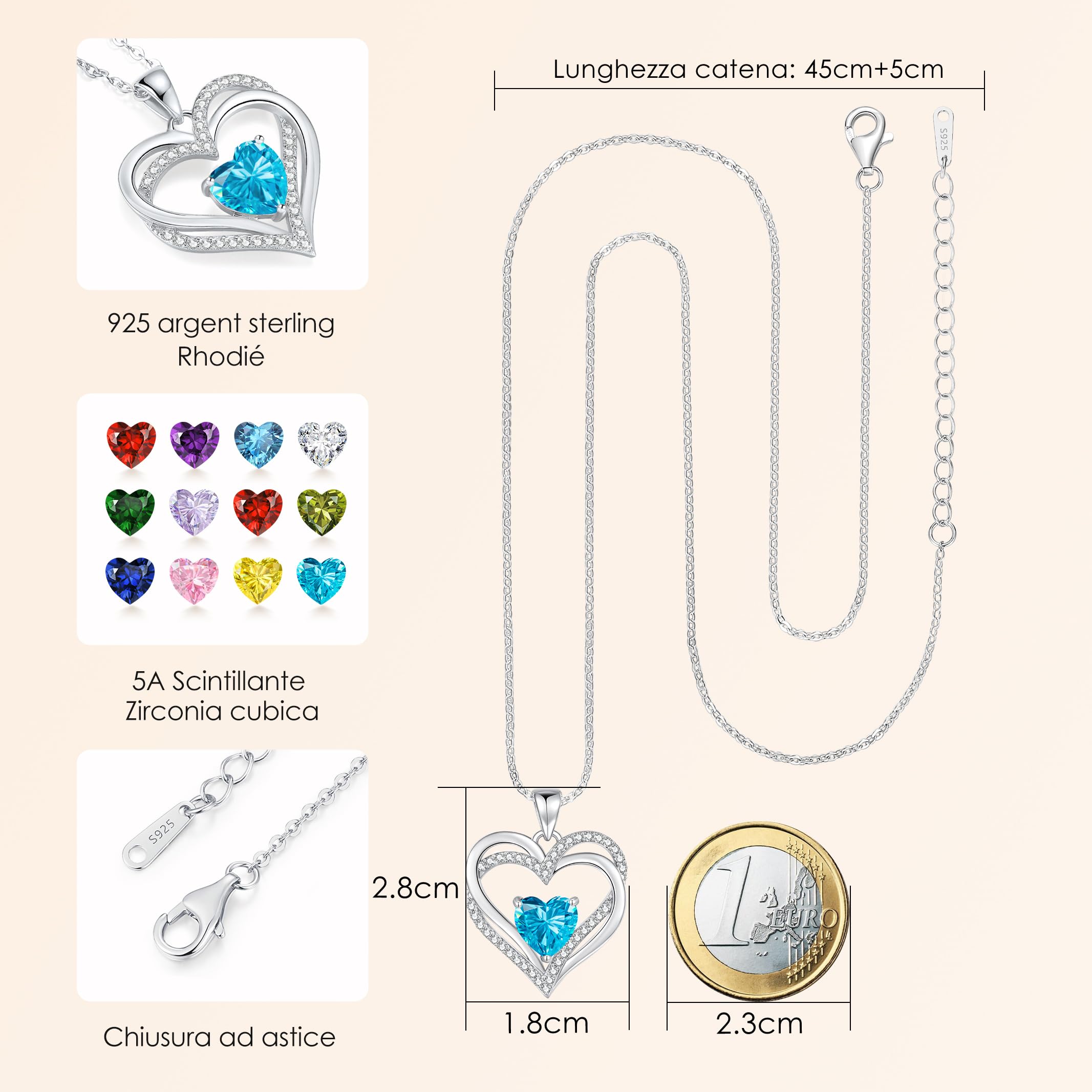CDE Collana Donna Cuore Pietra di Nascita Argento Regalo per Lei | Gioielli Donna Idee Compleanno Natale Anniversario San Valentino Regali per Amore Moglie Amica Ragazza Fidanzata Mamma