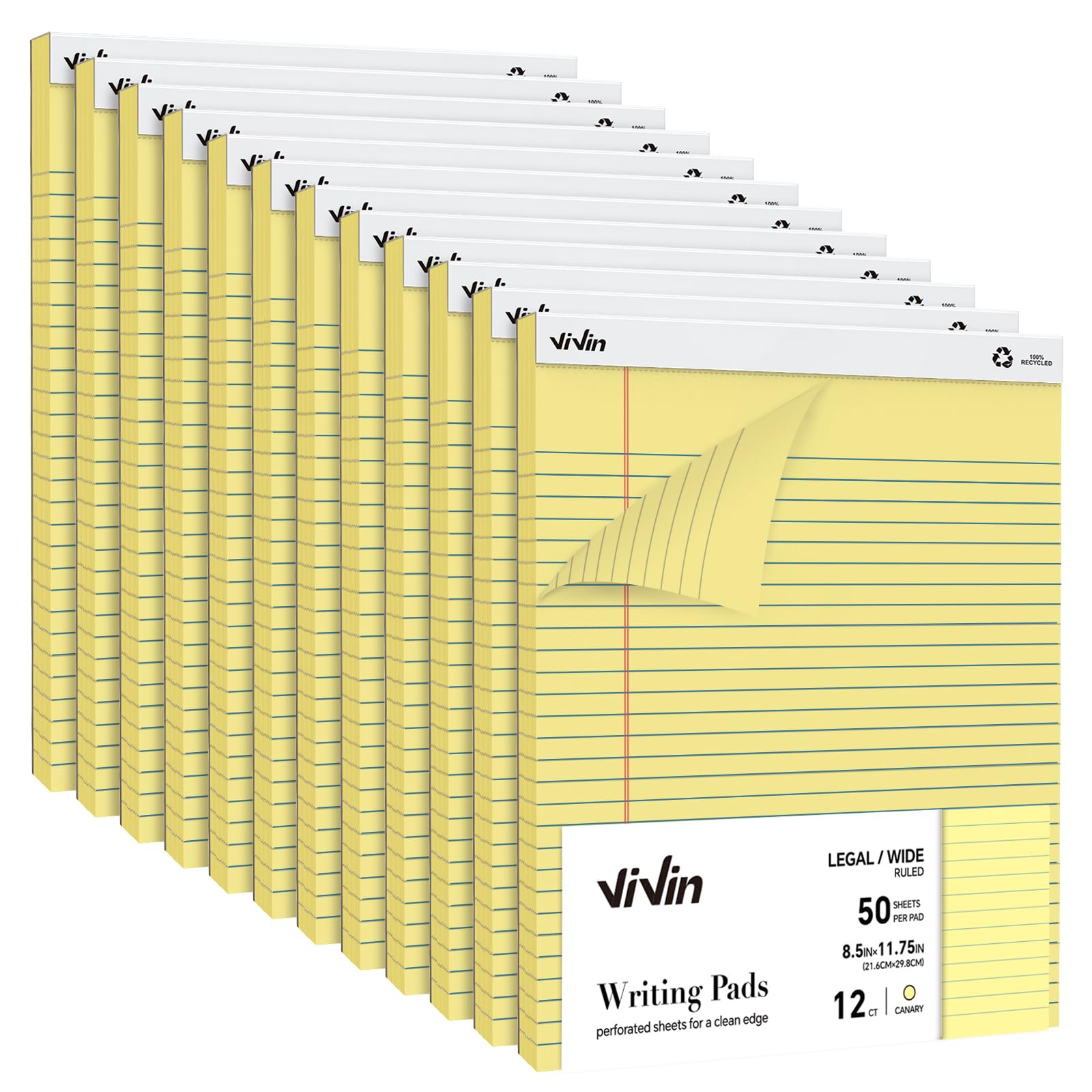 ViVin Legal Blöcke, 21,6 x 27,9 cm, breit liniert, 12 Stück, 50 Blatt/Block | Perforierte Schreibblöcke, Notizblöcke für Büro, Zuhause, Schule, 600 Blatt, Kanariengelbes Papier