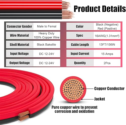 Miniatura 3 de 2 cables de extensión de encendedor de cigarrillos de 13 pies, 12 V24 V, 16 AWG, 156 W15 A, enchufe macho a enchufe hembra, cable de extensión con 2