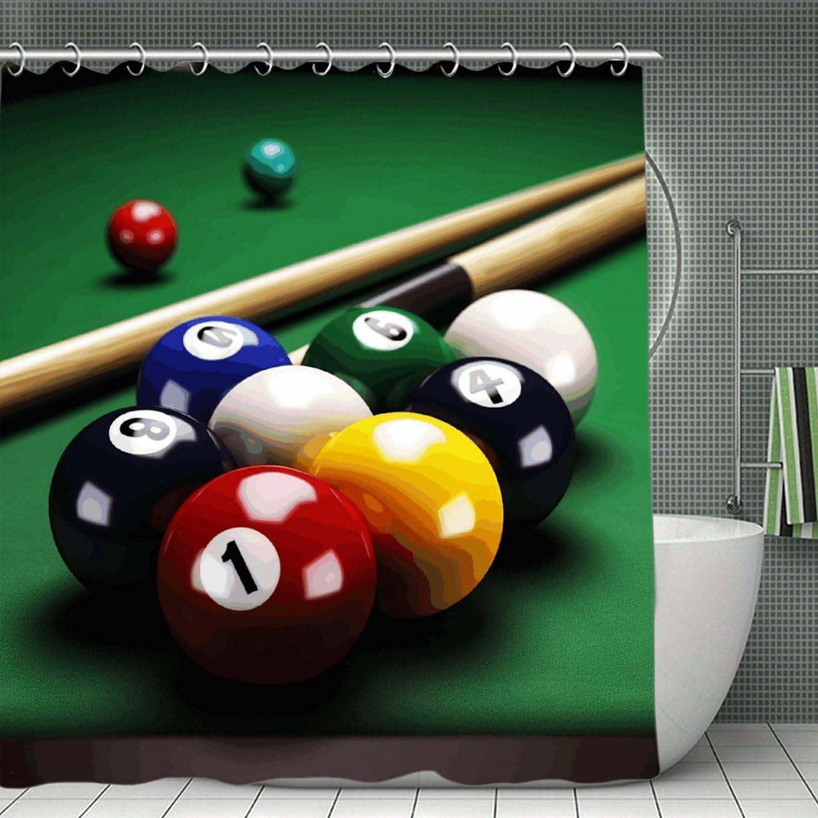 QMNLKH Billiards Shower Curtain with Hooks, Waterproof Bath Curtains for Bathroom, Lightweight Bath Curtains Liner for Hotel, Personalized Bath Curtain for Spa, 70.8 Inch