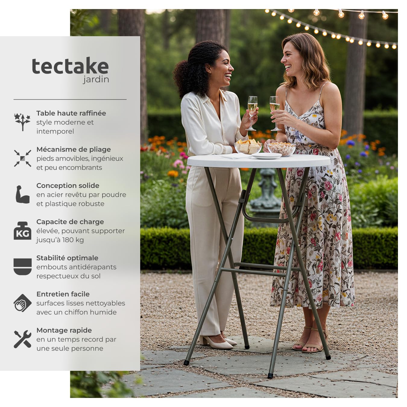 tectake® Mange Debout Table Haute Pliable Pratique et Élégante Structure légère et résistante Table d'appoint Exterieur Mariage Anniversaire Bapteme Barbecue Bar Exterieur Ø80 cm Hauteur 110 cm