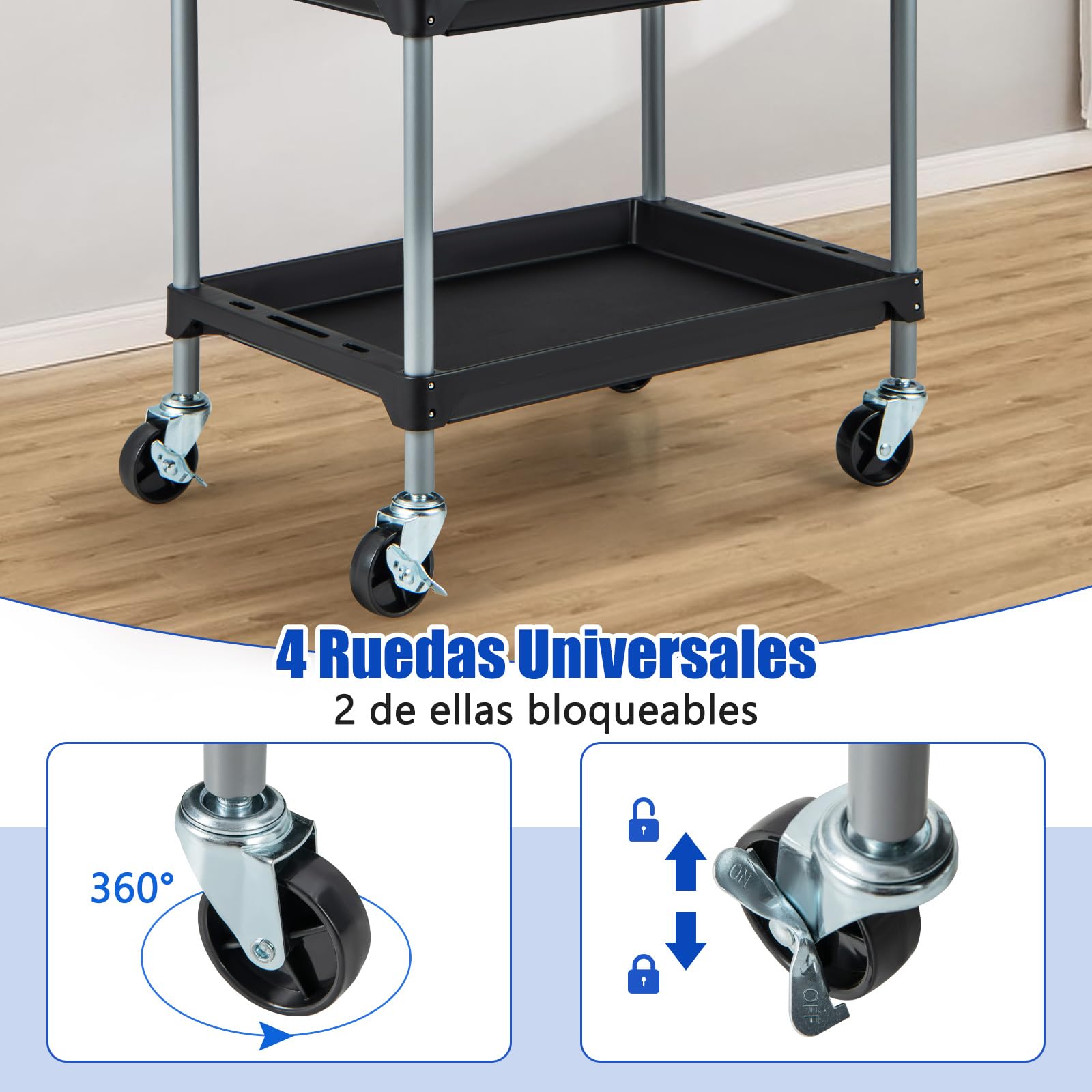 COSTWAY Carro de Herramientas de 3 Niveles, Carro de Taller de Metal con 4 Ruedas Universales y Mango de Esponja, Carrito de Herramientas Multiusos para Garaje Mecánico Hogar (64 x 40 x 102 cm)