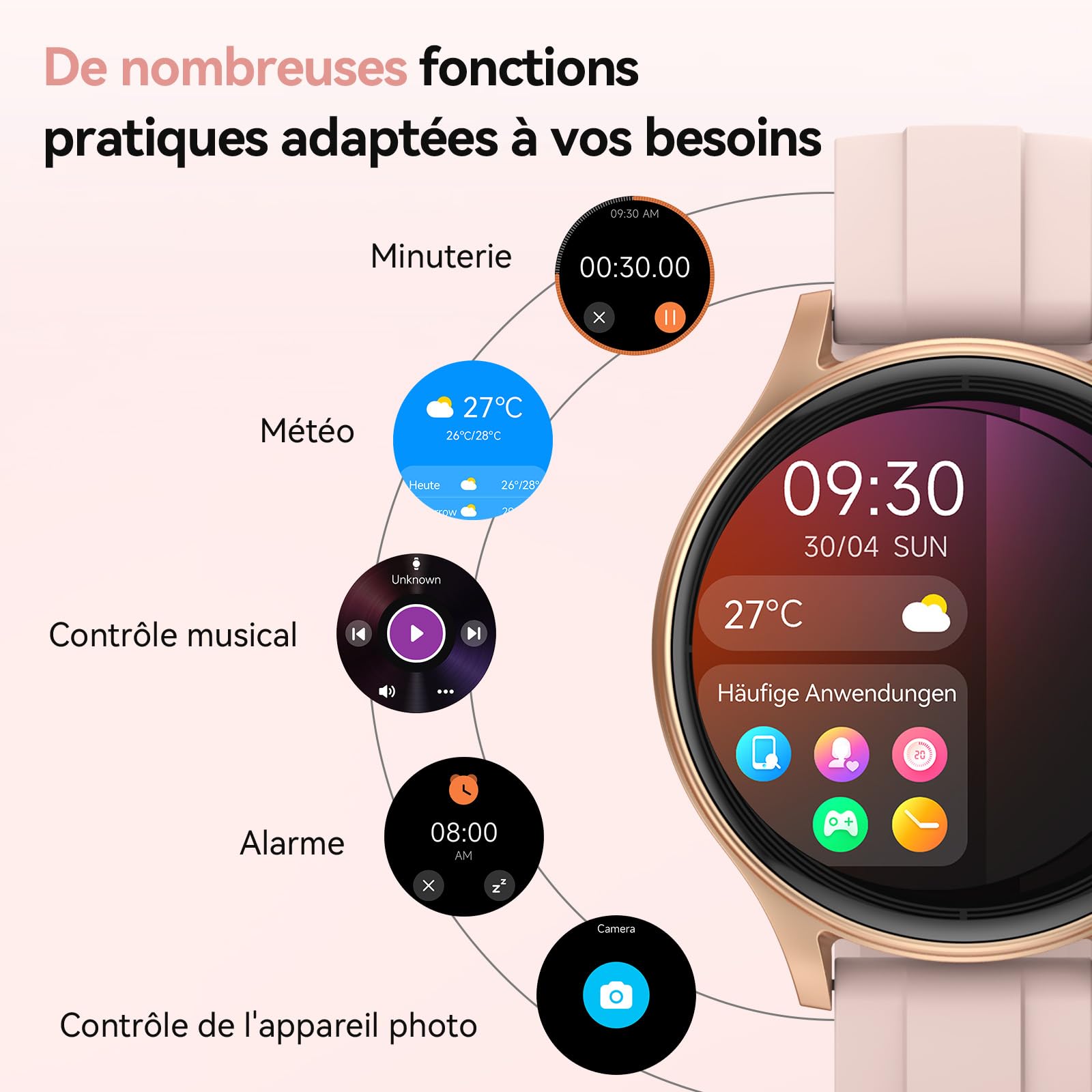 Montre Connectée Femme Smartwatch 1.57" Appel Bluetooth Surveillance Fréquence Cardiaque Sommeil 3ATM étanche 120+ Modes Sport Podometre
