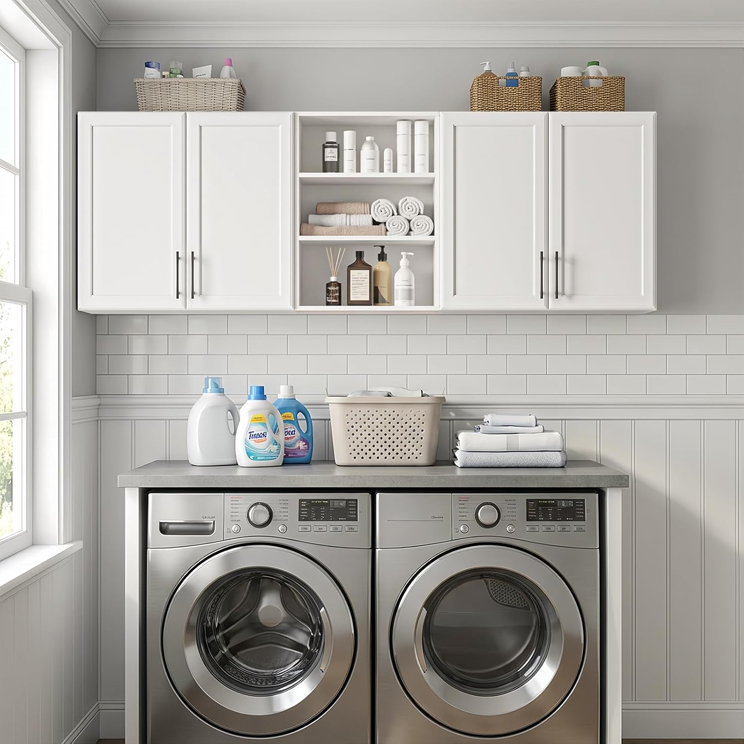 FIMELLO 62.8 ''W X 11''D X 21.7''H Laundry Room Cabinets Wall Mounted, Wall Cabinets for Laundry Room, Kitchen Wall Cabinet, Floating Cabinets for Wall, Hanging Cabinets for Laundry, Off-White