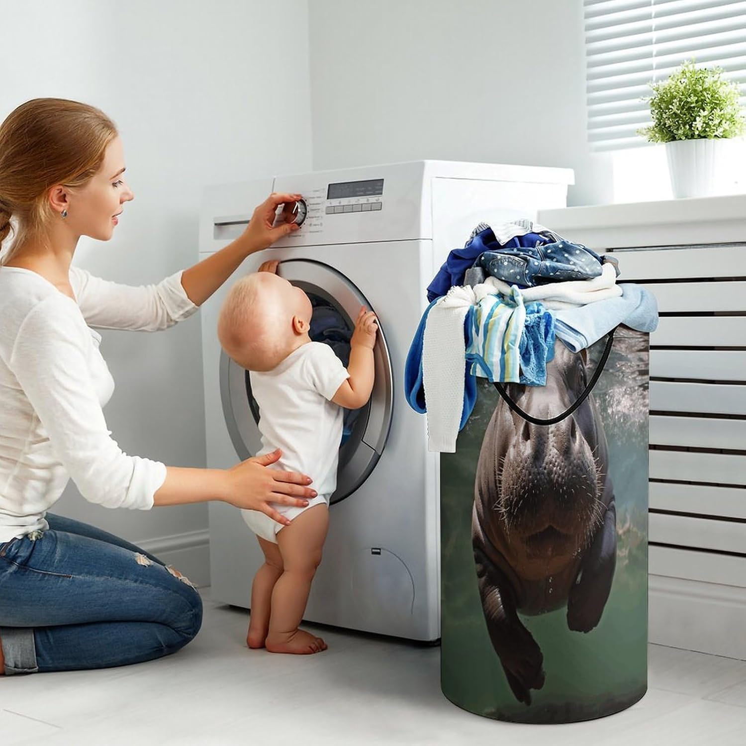Large Laundry Basket Collapsible Dirty Clothes Basket with Carry Handles Portable Waterproof Freestanding Diving Hippo Laundry Hamper for Bathroom Bedroom Laundryroom Dorms 86L