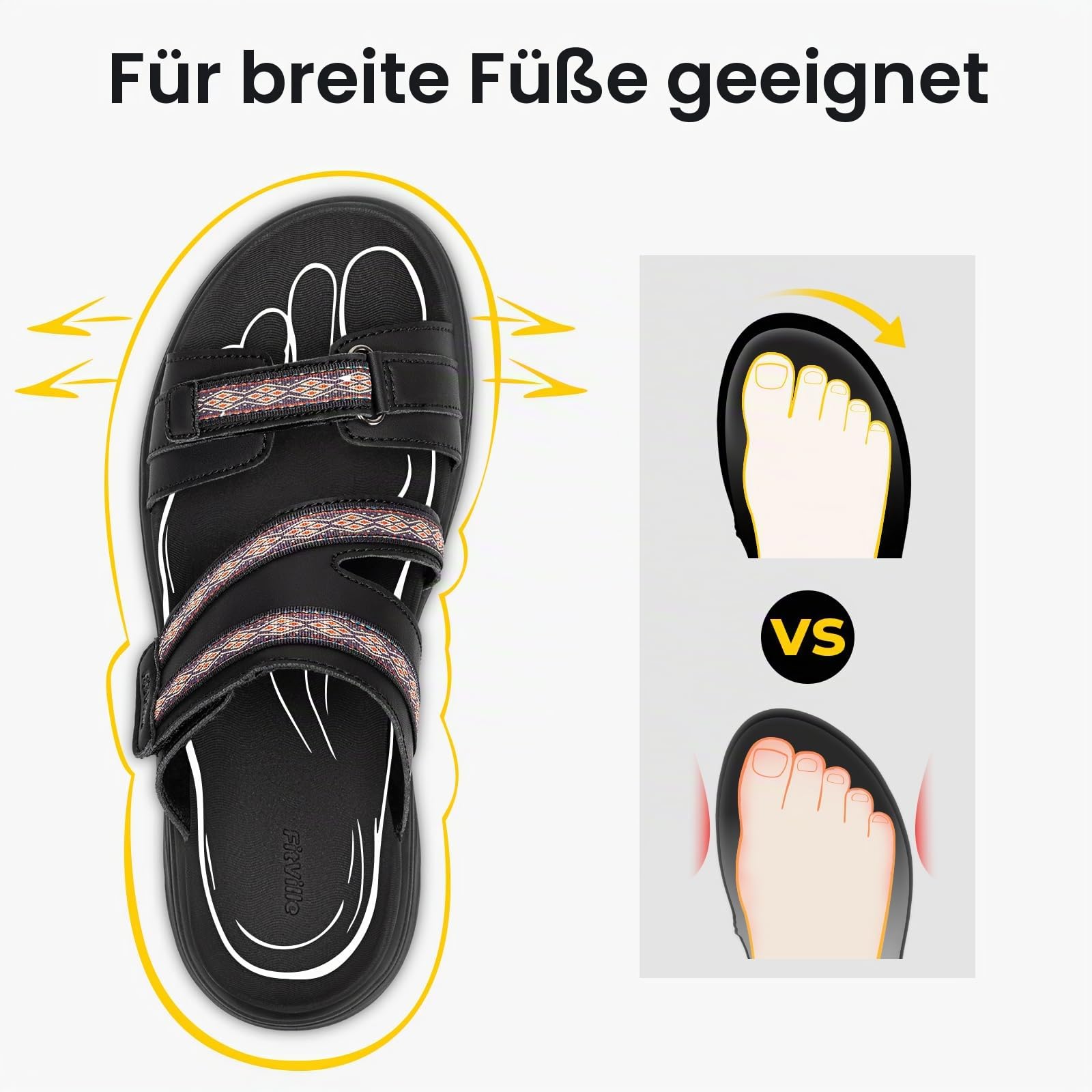 FitVille Weit Sandalen Damen Sommer Bequeme Atmungsaktiv Plateausandalen mit Verstellbarer Klettverschluss Hausschuhe mit Fußgewölbeunterstützung Gr.35.5-42.5
