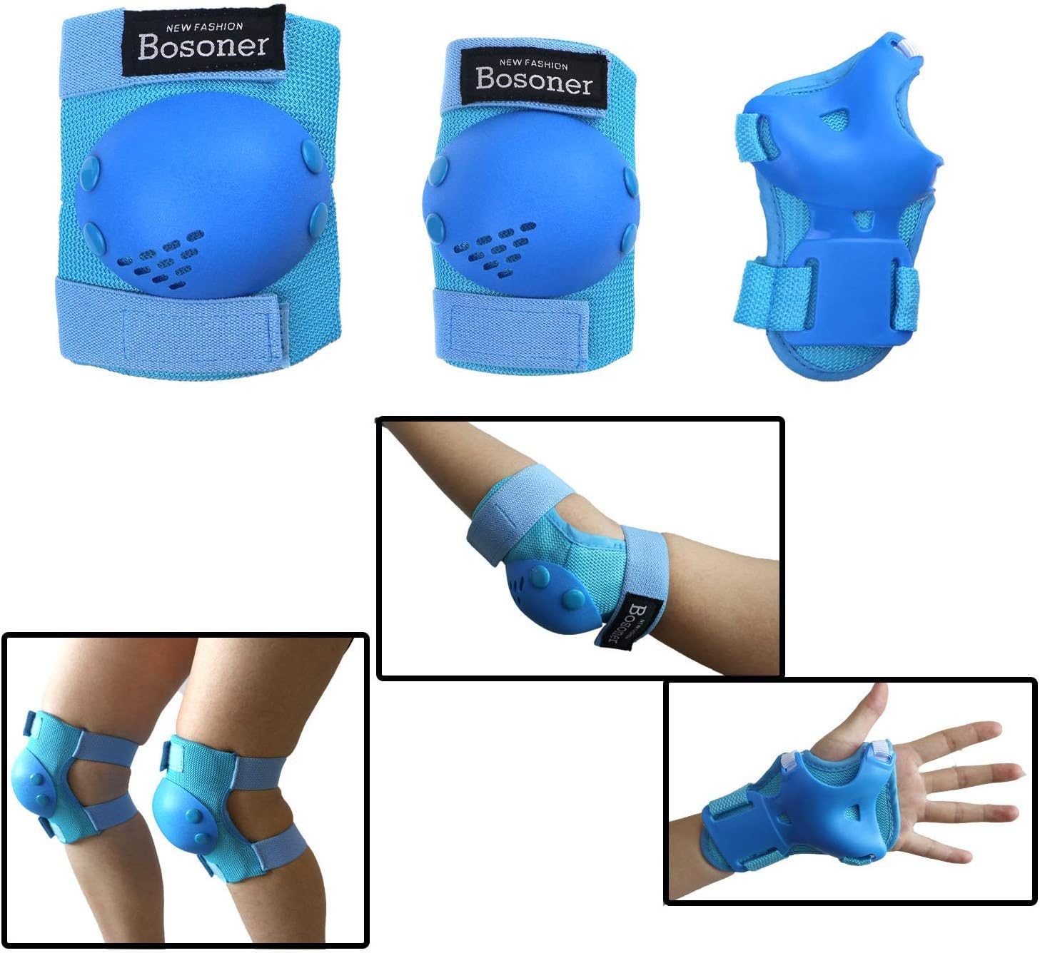 BOSONER Kids/Youth Knee Pads Elbow Pads Wrist Guards Set for 3-15 Years, Child Protective Gear Set for Roller Skates, Cycling, BMX Bike, Skateboard, Inline Skating, Scooter Riding Sports…