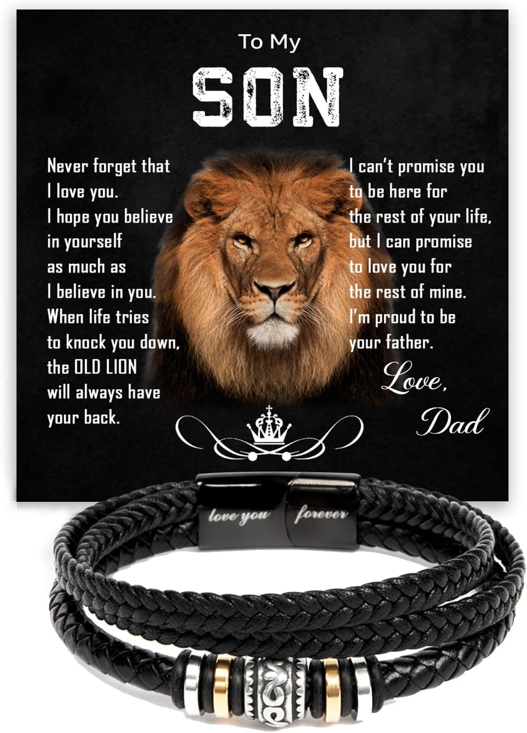 To My Son Bracelet From Mom Dad with Personalized Message, Forever Linked Together Black Braided Leather Inspirational Bracelets, Gift For Son From Parents, Birthday Gift with Card and Box