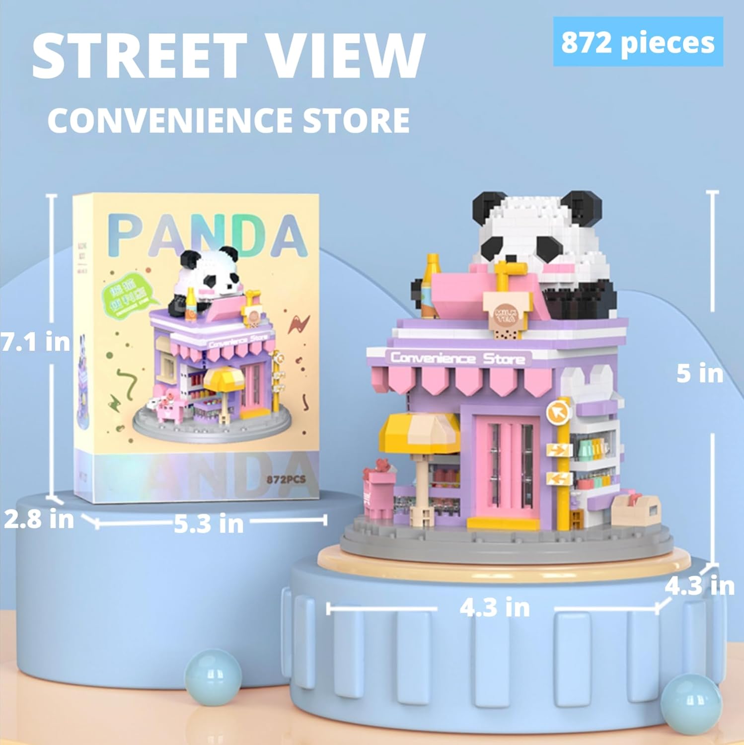 Street View Convenience Store Mini Building Blocks,872 Pieces Cute Panda Animal Micro Building Sets,Simulation Architecture Construction Toy, Creative Gifts for Adults Teens 12+