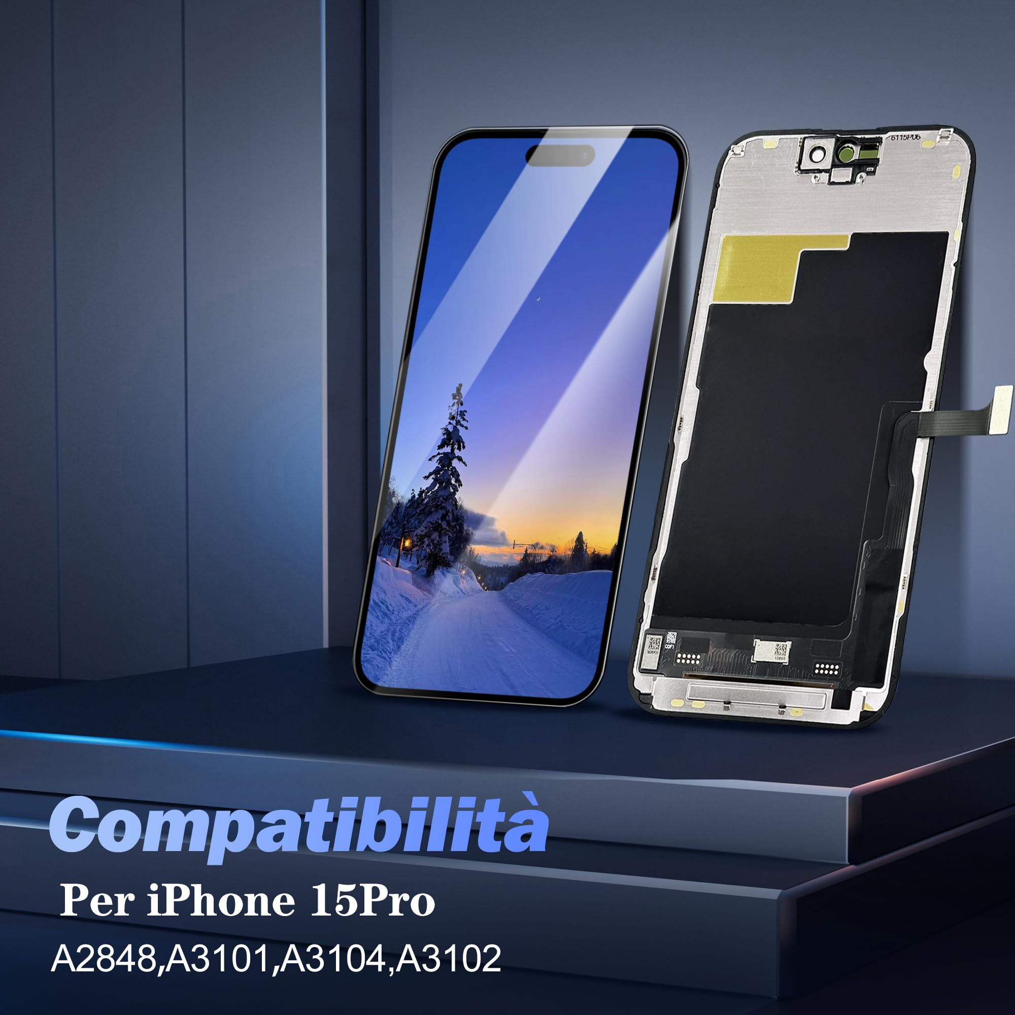 Écran pour iPhone 15 Pro – Kit de Remplacement d'Écran LCD 6,1" FHD + Digitizer Tactile + Cadre – Compatible Modèles A2848/A3101/A3102/A3104(True Tone Programmable)