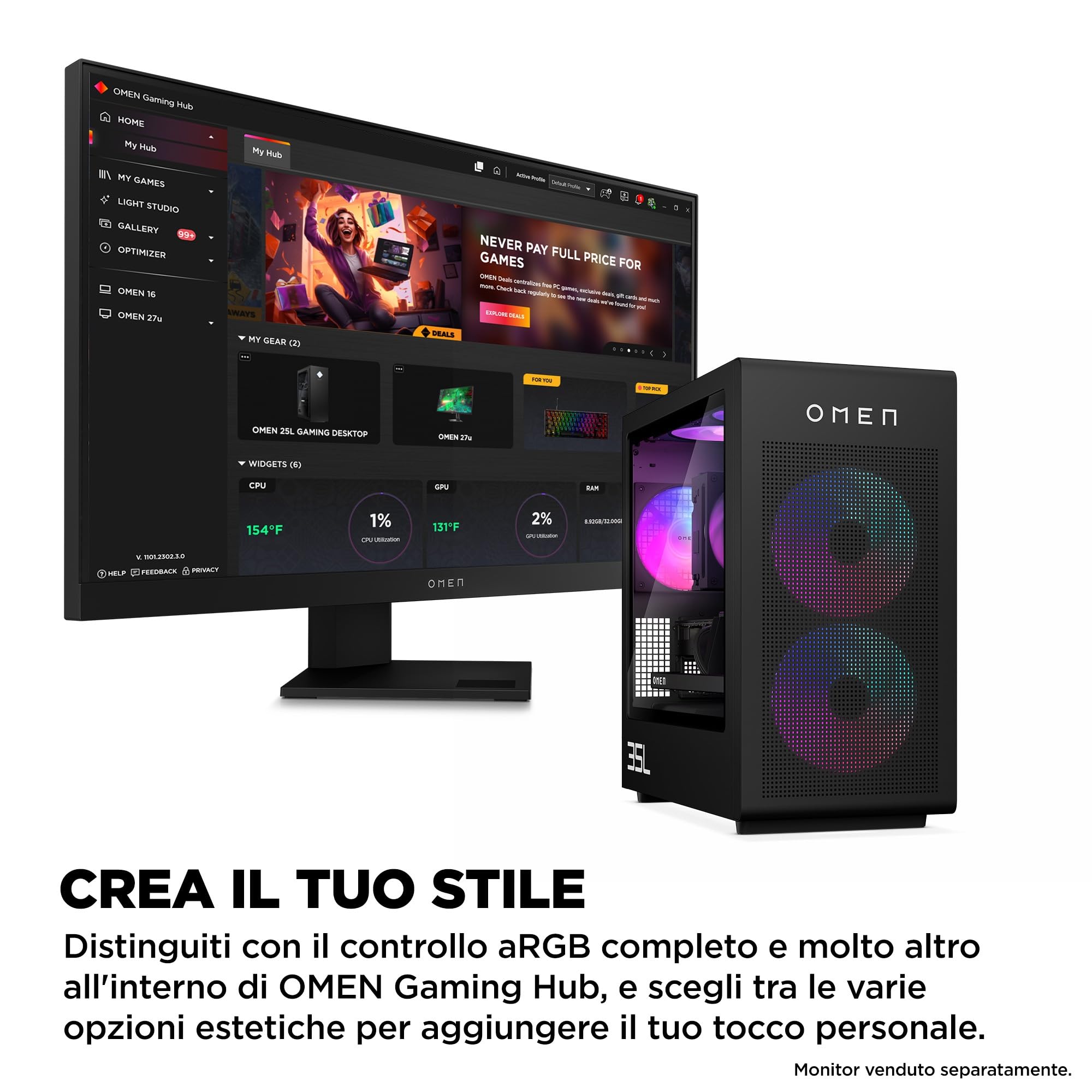 HP OMEN 35L GT16-0007sl Desktop, AMD Ryzen 7 8700F, Kingston FURY 32GB RAM, 1TB SSD, NVIDIA RTX 5070 12GB, 3 Mesi di PC Game Pass Incluso, Windows 11, Nero