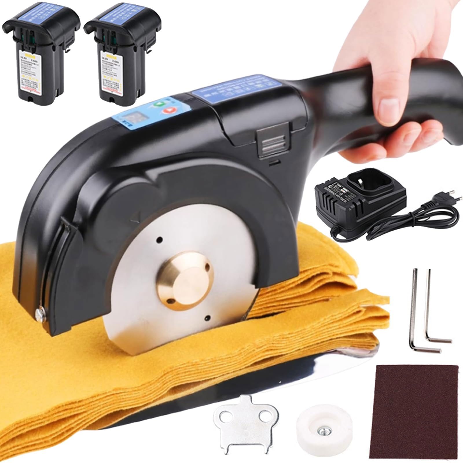 Cortadora eléctrica rotativa de Tela, máquina de Corte inalámbrica con 2 baterías, Grosor de 40 mm, Tijeras de Mano para Cuero, alfombras y Textiles.