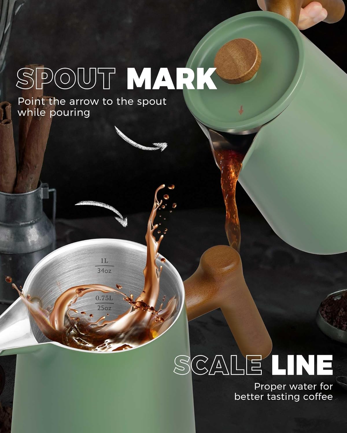 POLIVIAR French Press Coffee Maker, 34 oz Coffee Press with Real Wood Handle, Double Wall Insulation & Dual-Filter Screen, Food Grade Stainless Steel for Good Coffe and Tea, JX2025-XFPN - Image 4