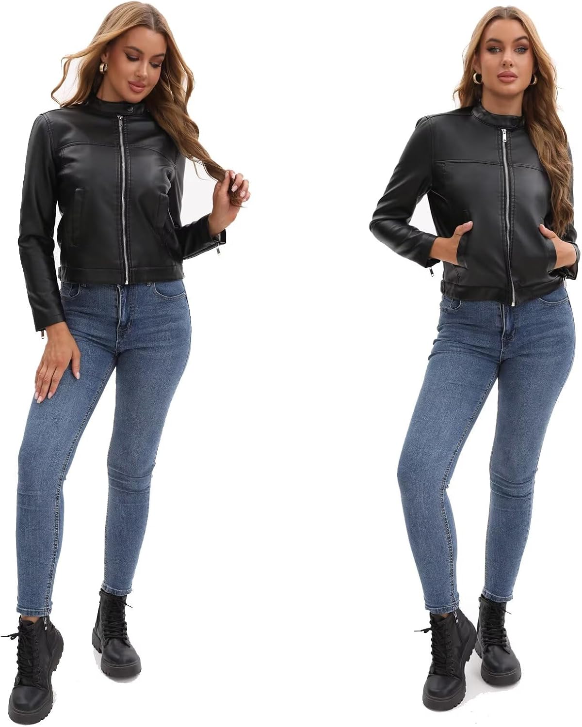 CHIGUO Women's Faux Leather Motorcycle Jacket Casual Zip-Up Biker Trendy Coat with Pockets - Image 6