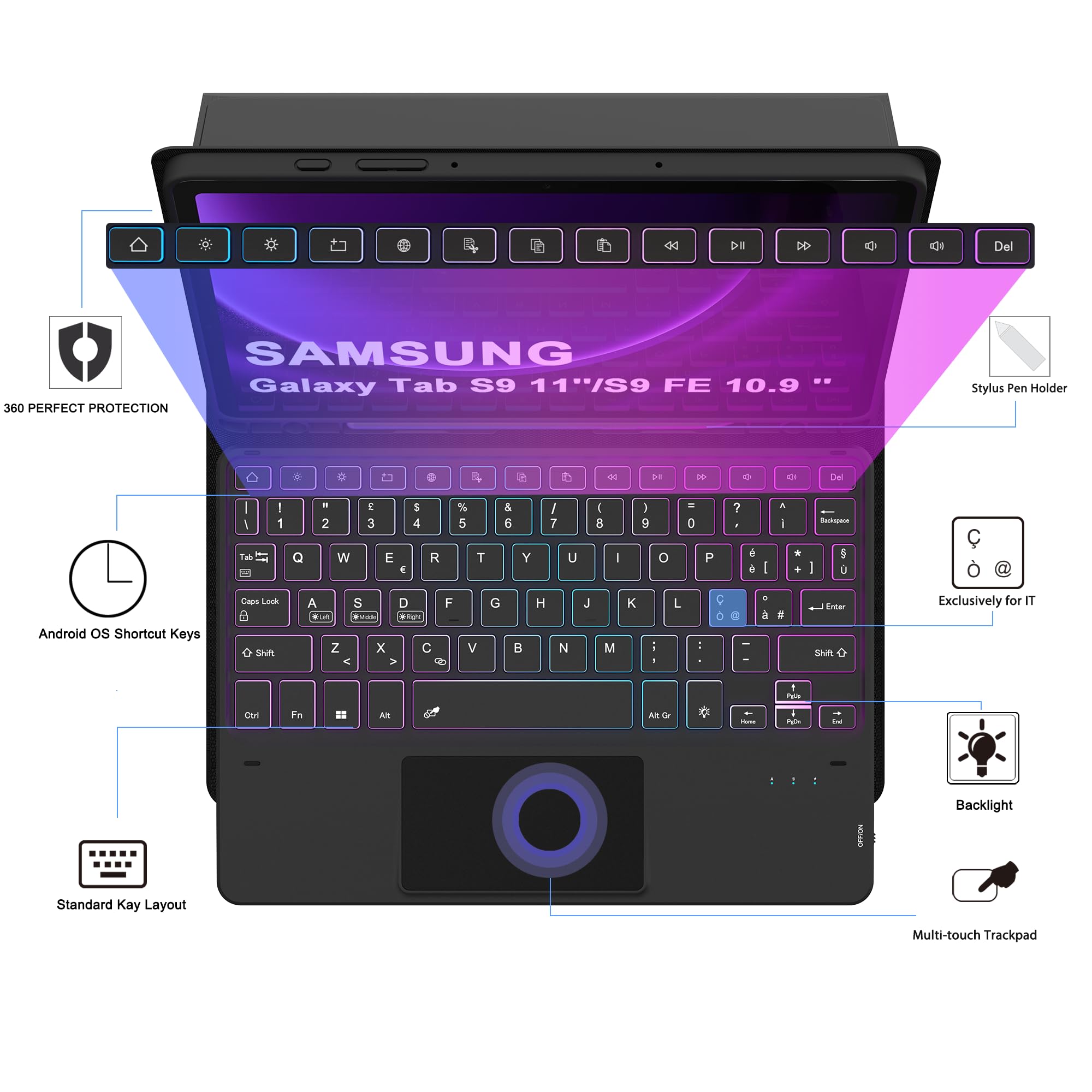 Custodia con tastiera per Samsung Galaxy Tab S10 Lite 2025/S10 FE/S9 FE/S9 10.9": tastiera retroilluminata 7 colori con trackpad Intelligente - tastiere wireless rimovibile con Layout italiano QWERTY