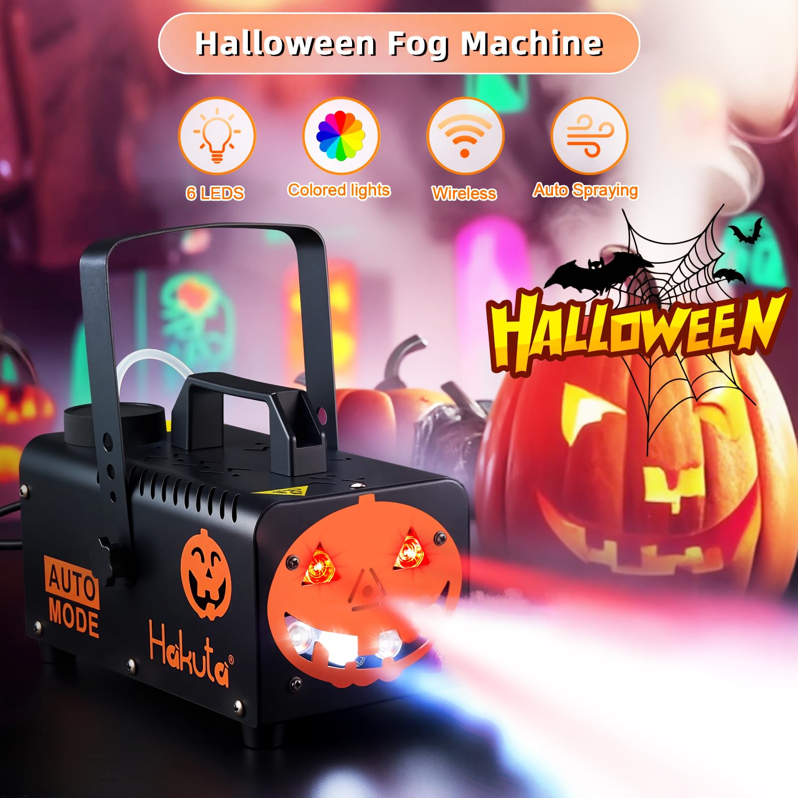 Hakuta Máquina de Humo Profesional con 6 Luces LED RGB, 2300 CFM - Niebla Automática para Halloween/Navidad/Bodas, Control Remoto y Soporte Colgante | Máquina de niebla automática 2300 CFM con función de pulverización automática, ideal para Halloween, Nav