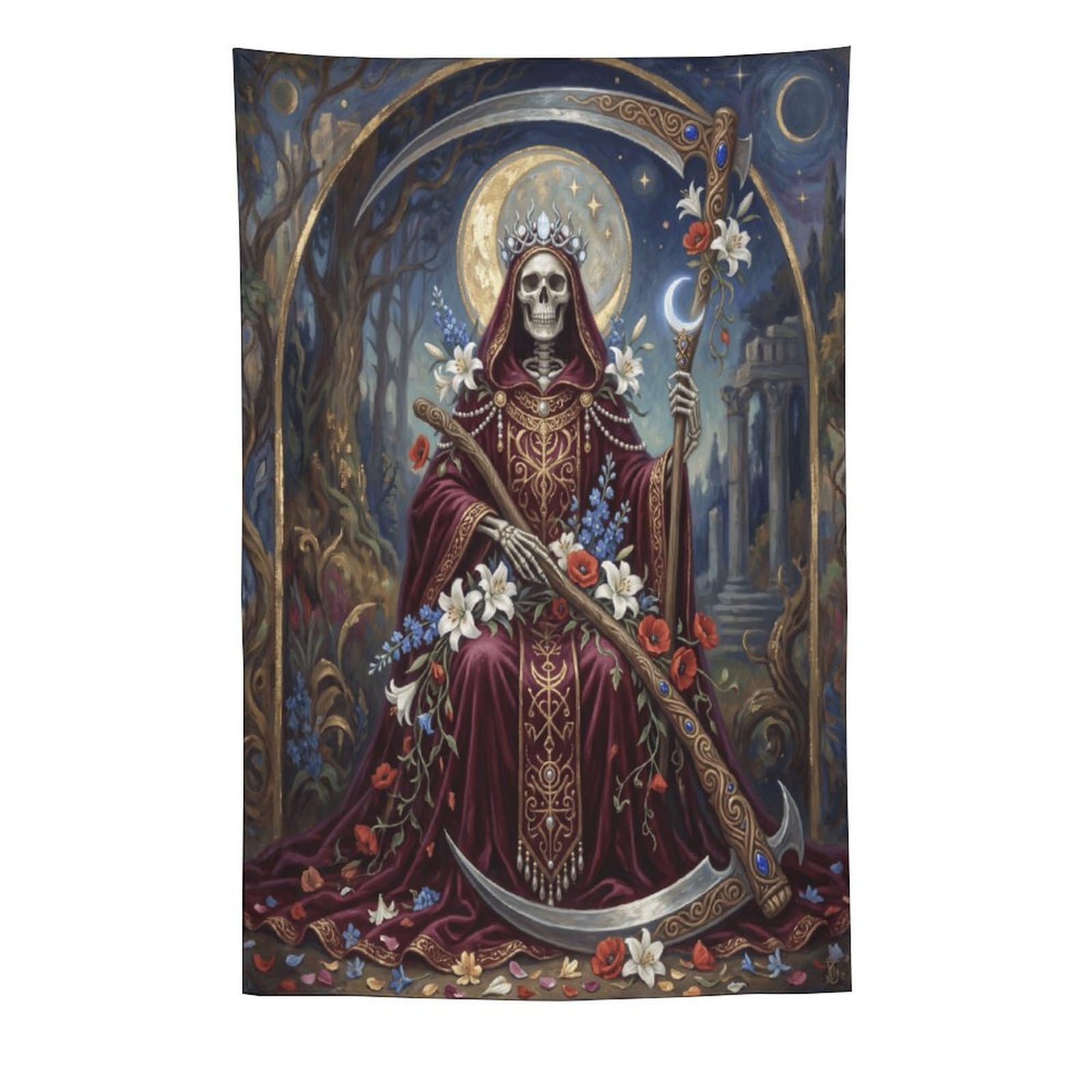 H3B8U2Y5 Floral Grim Reaper Wall Tapestry, Dark Fantasy Illustration Style