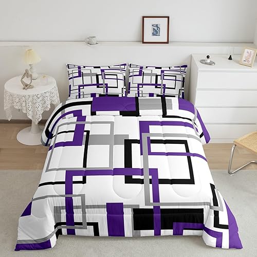 Miniatura 2 de Erosebridal Juego de ropa de cama cuadrada para niños y niñas, color morado, gris, negro, juego de edredón geométrico, edredón de plumón con patrón