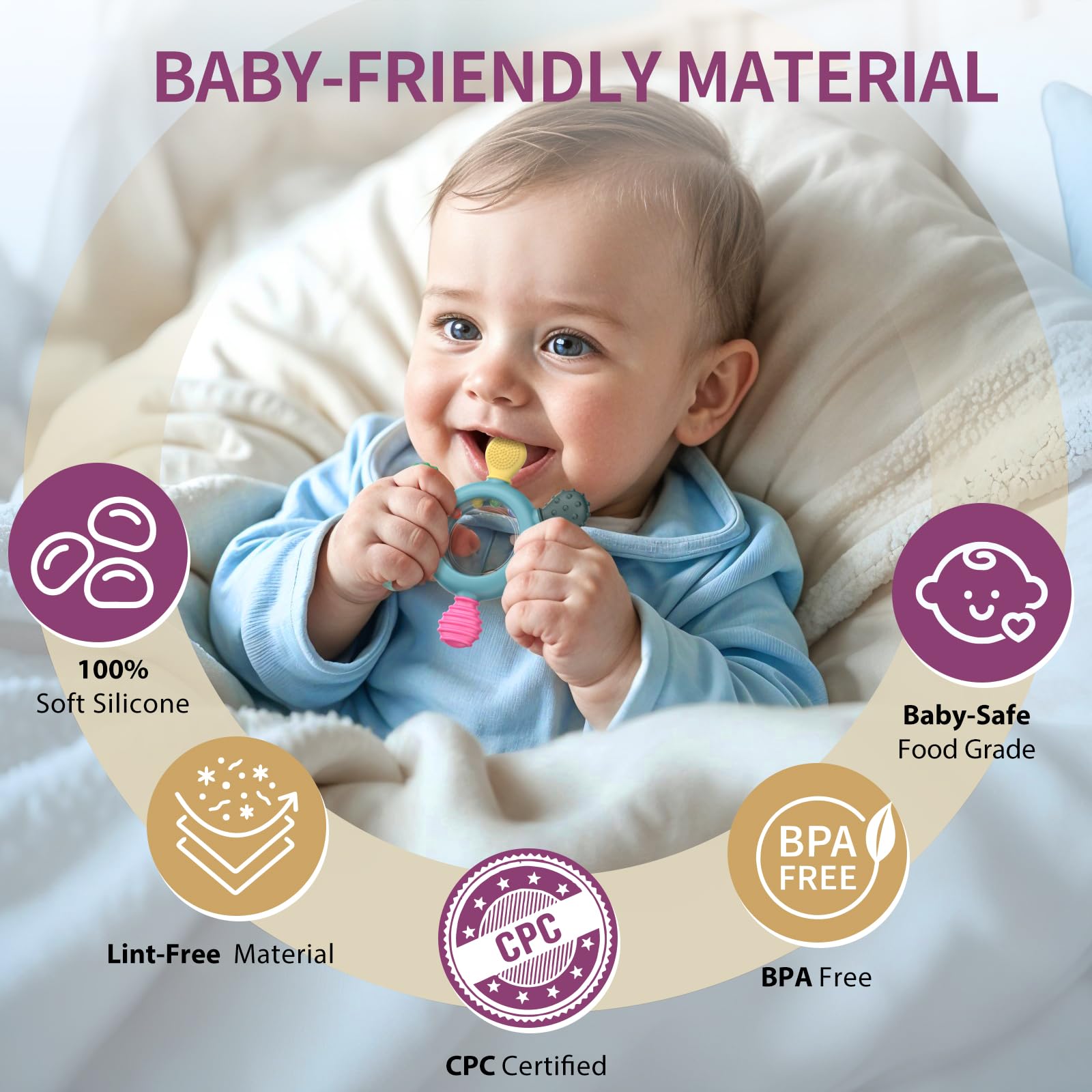 akolik Giochi Dentizione Neonato, Sonaglio Anello Massaggiante in Silicone per Bambini, Massaggiagengive Senza BPA per neonati di età superiore ai 3-6 6-12 mesi