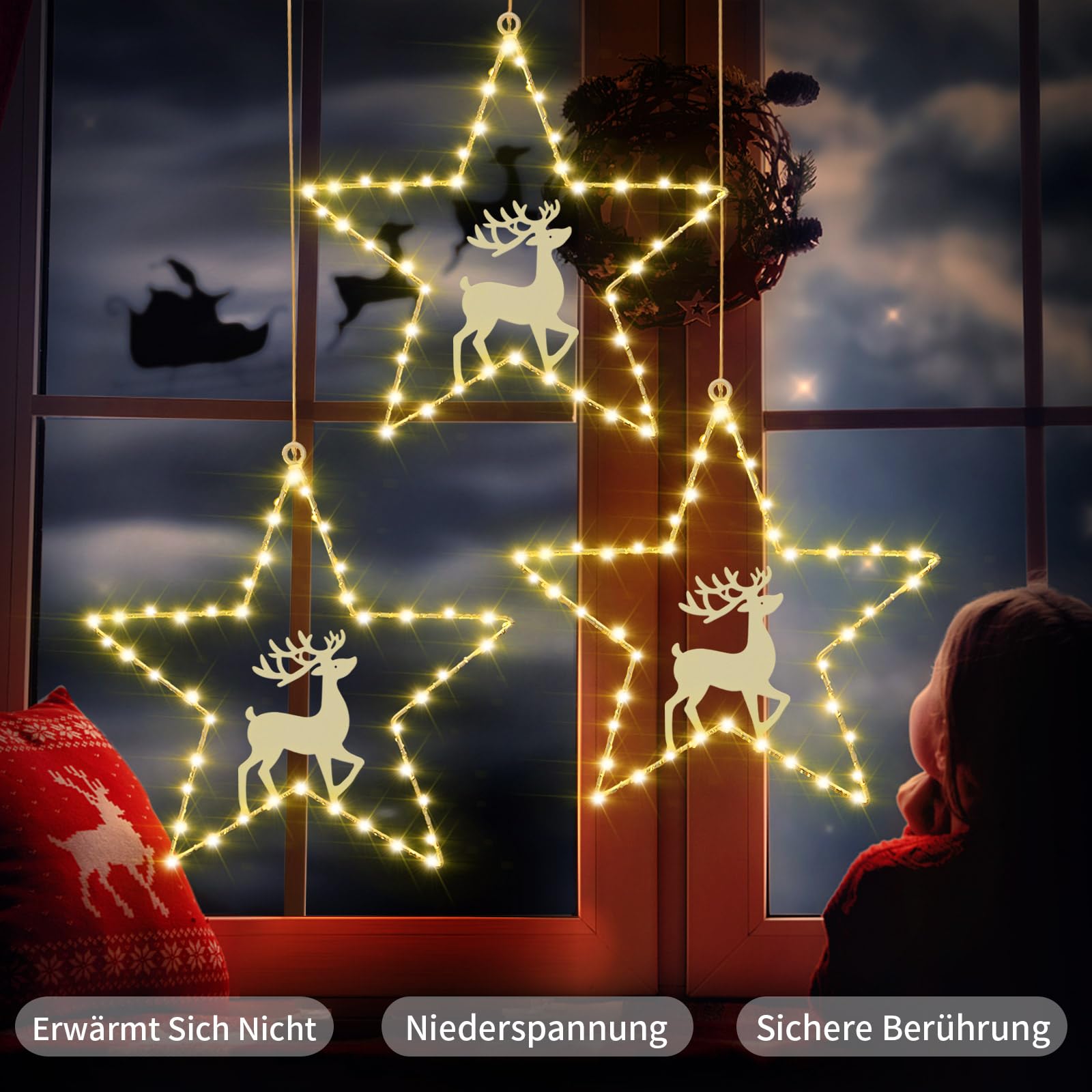 Catena luminosa con stelle decorative natalizie, 3 pezzi, 45 LED, funzionamento a batteria, illuminazione natalizia con timer, luci natalizie, decorazione per finestre, balcone, bianco caldo