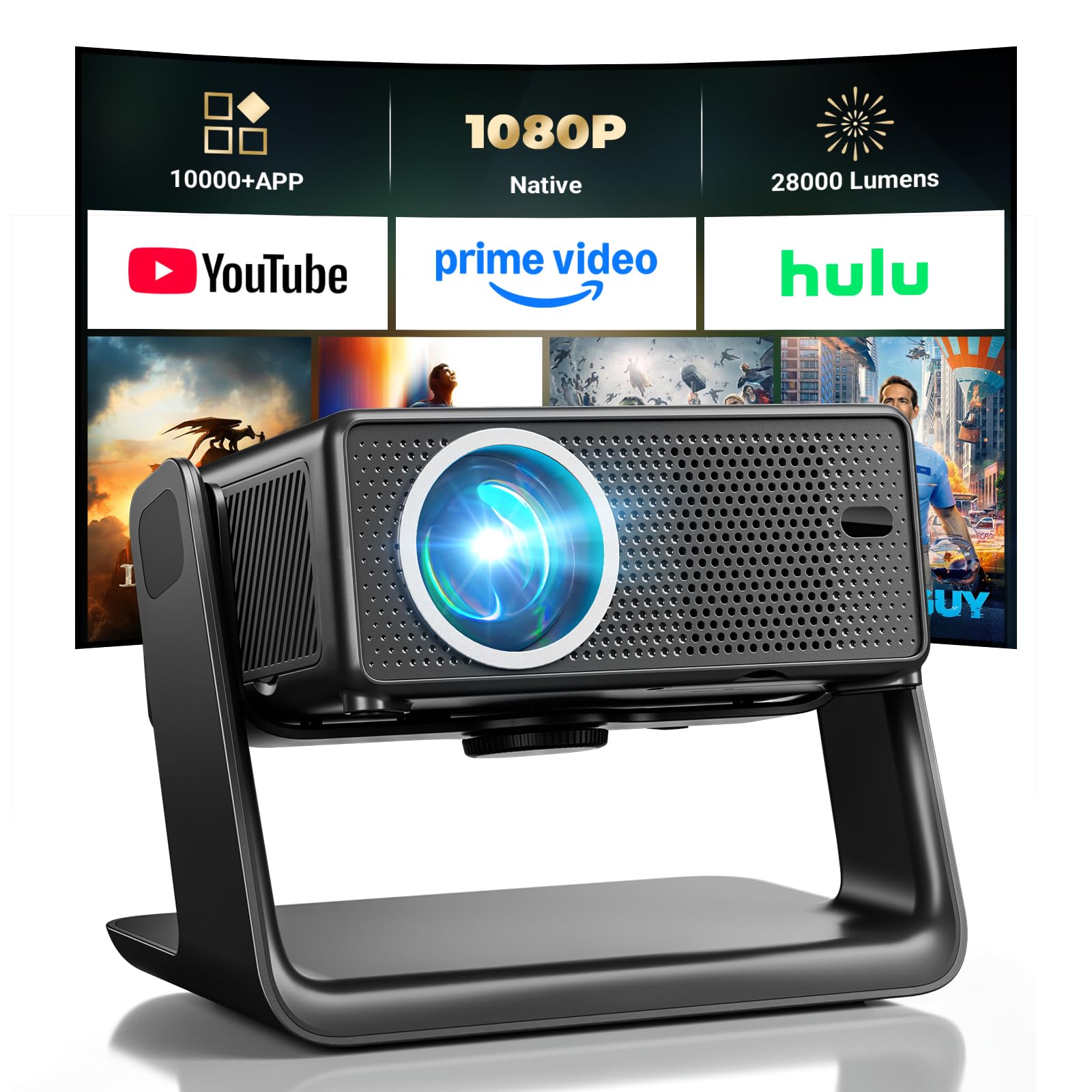 Beamer Kompatibel mit Netflix 28000 Lumen, Mini Beamer 4K unterstützt Native 1080P, WLAN 6 und Bluetooth, elektrischer Fokus and 4D Keystone, über 100000+ Apps, Heimkino/Outdoor
